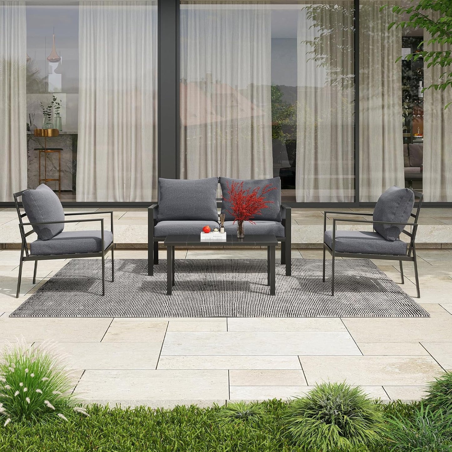Farini Outdoor conversation sets, Metal Patio Furniture Set with 2 Single Sofas, Loveseat & Coffee Table, for Garden, Backyard, Balcony