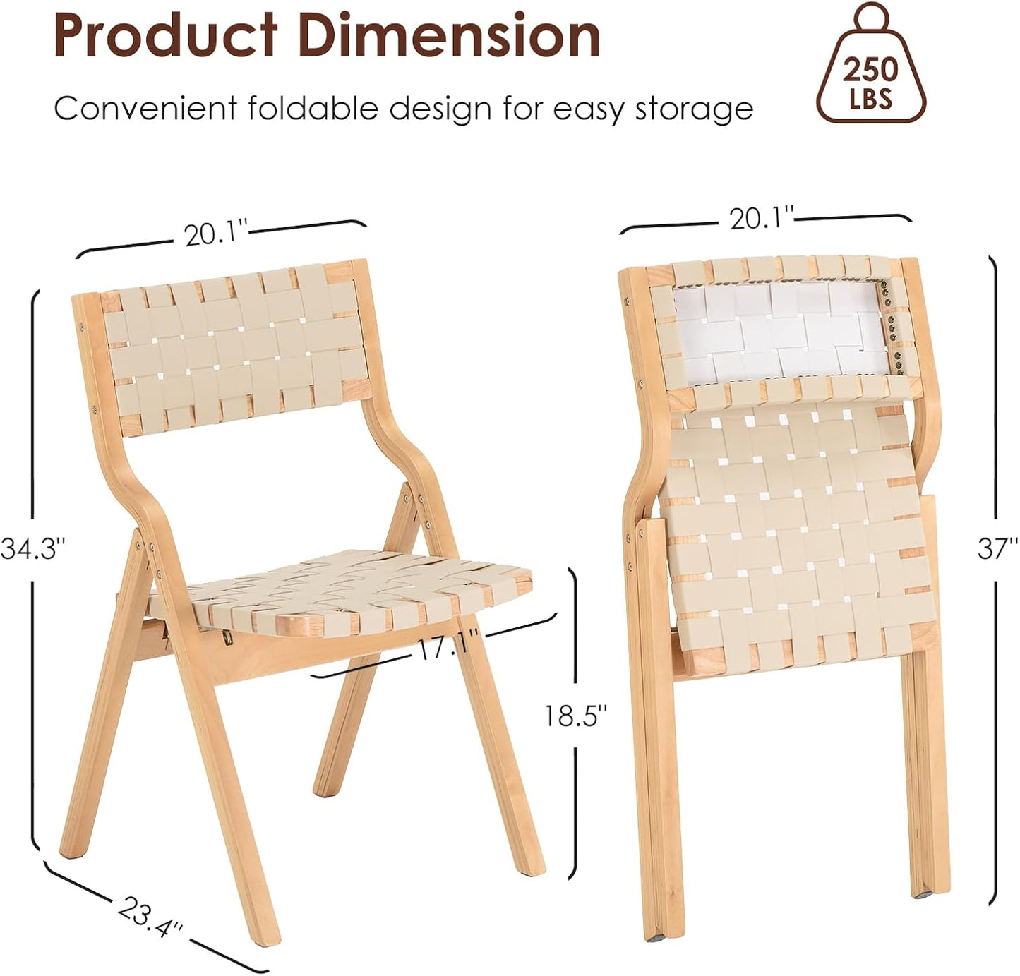 Farini Wood Folding Chairs, Foldable Chairs Wooden Indoor Stackable Dining Chairs for Kitchen & Dining Room Chair Woven Seat & Webbing Back, Dining Chair Set of 2, PU Leather