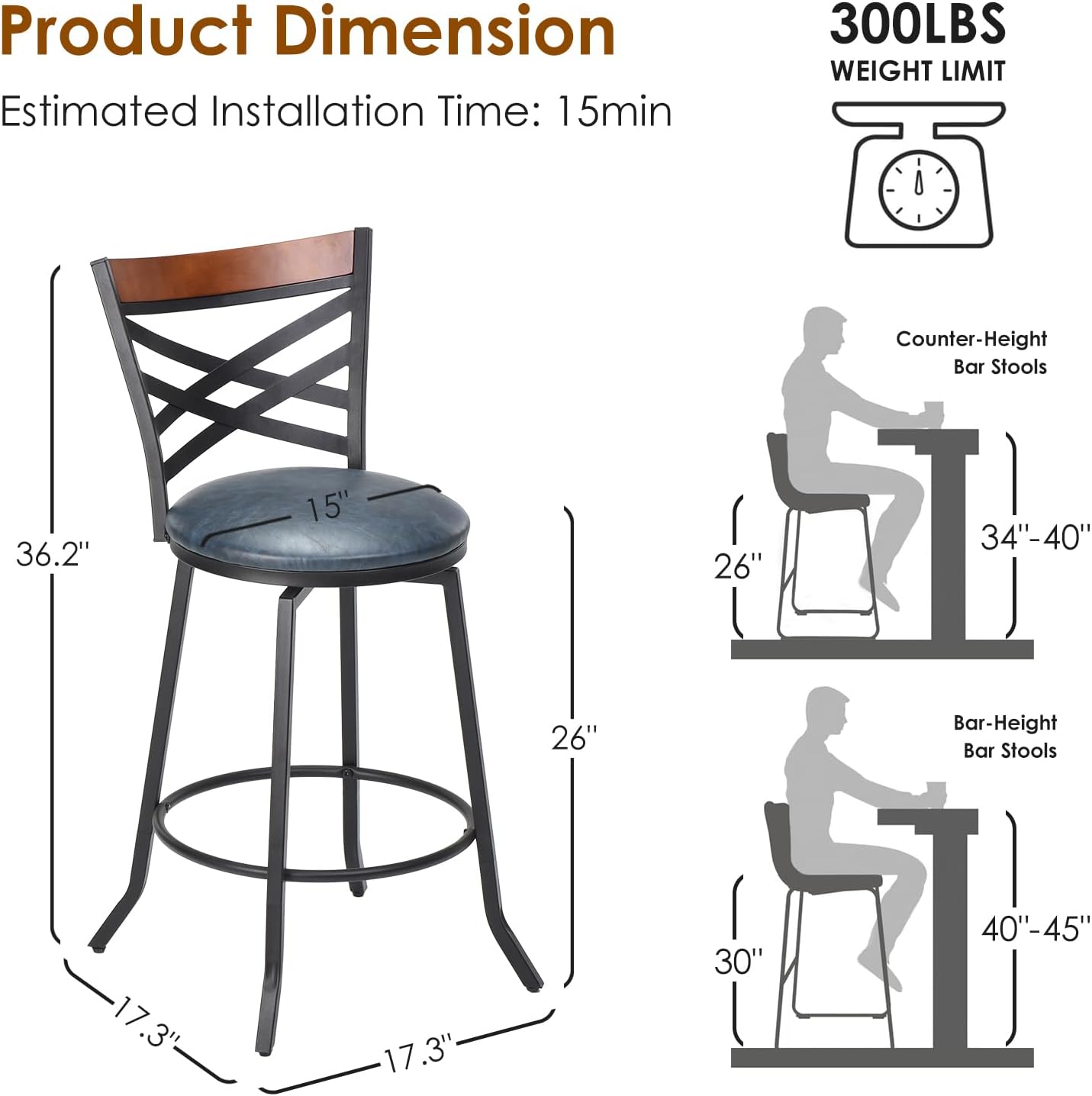 Farini Swivel Bar Stools Set of 2,Mid Century Modern Counter Height Bar Stools,Counter Stools for Kitchen Counter Height Chairs with Back Faux Leather Barstools for Kitchen Island Bar Stools,350lb