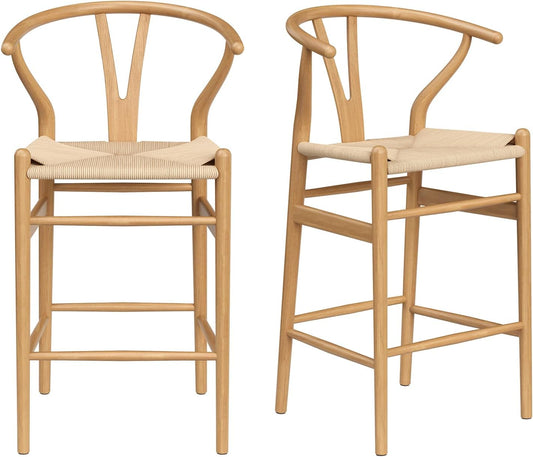 Farini Fully Assembled Wishbone Barstool Set of 2,Weave Counter Height Bar Stool for Kitchen Island,Nature