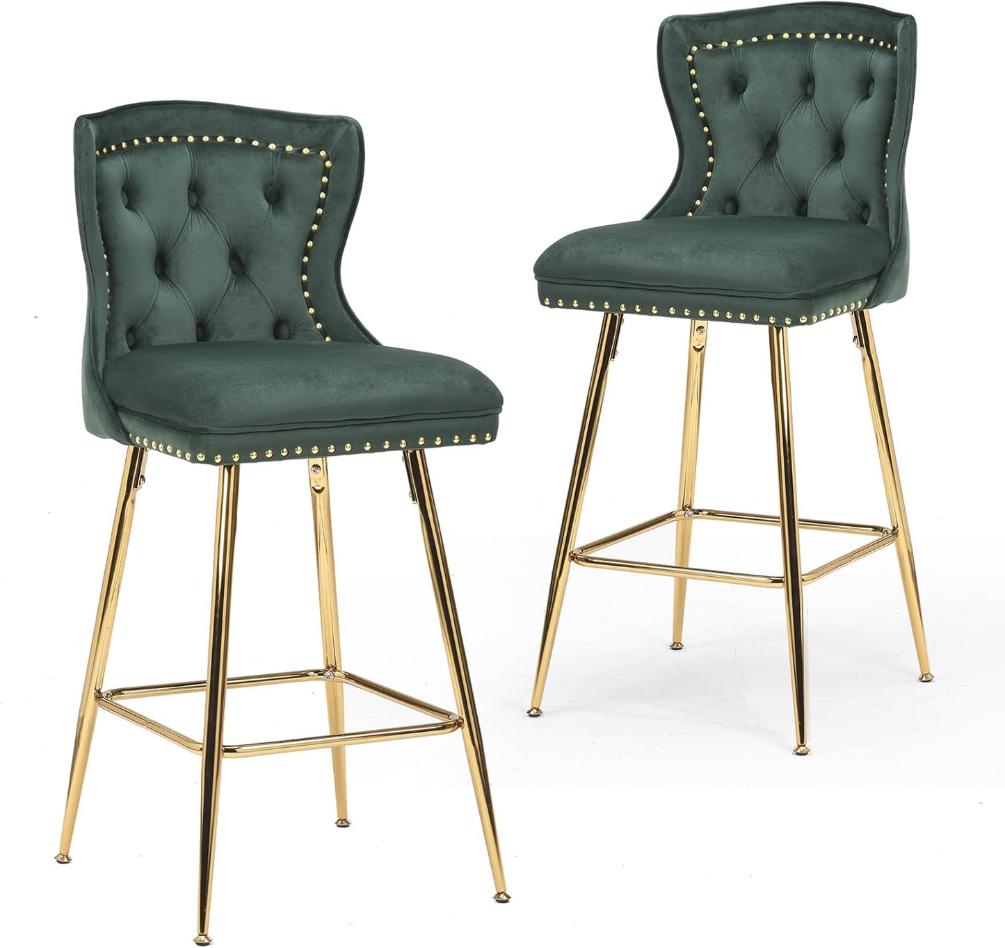 Farini Bar Stools Set of 2, Velvet Counter Height Bar Stools with Metal Legs, Button Tufted and Nailheads Trim, Wing-Back Bar Chairs for Kitchen Island Dining Room Pub
