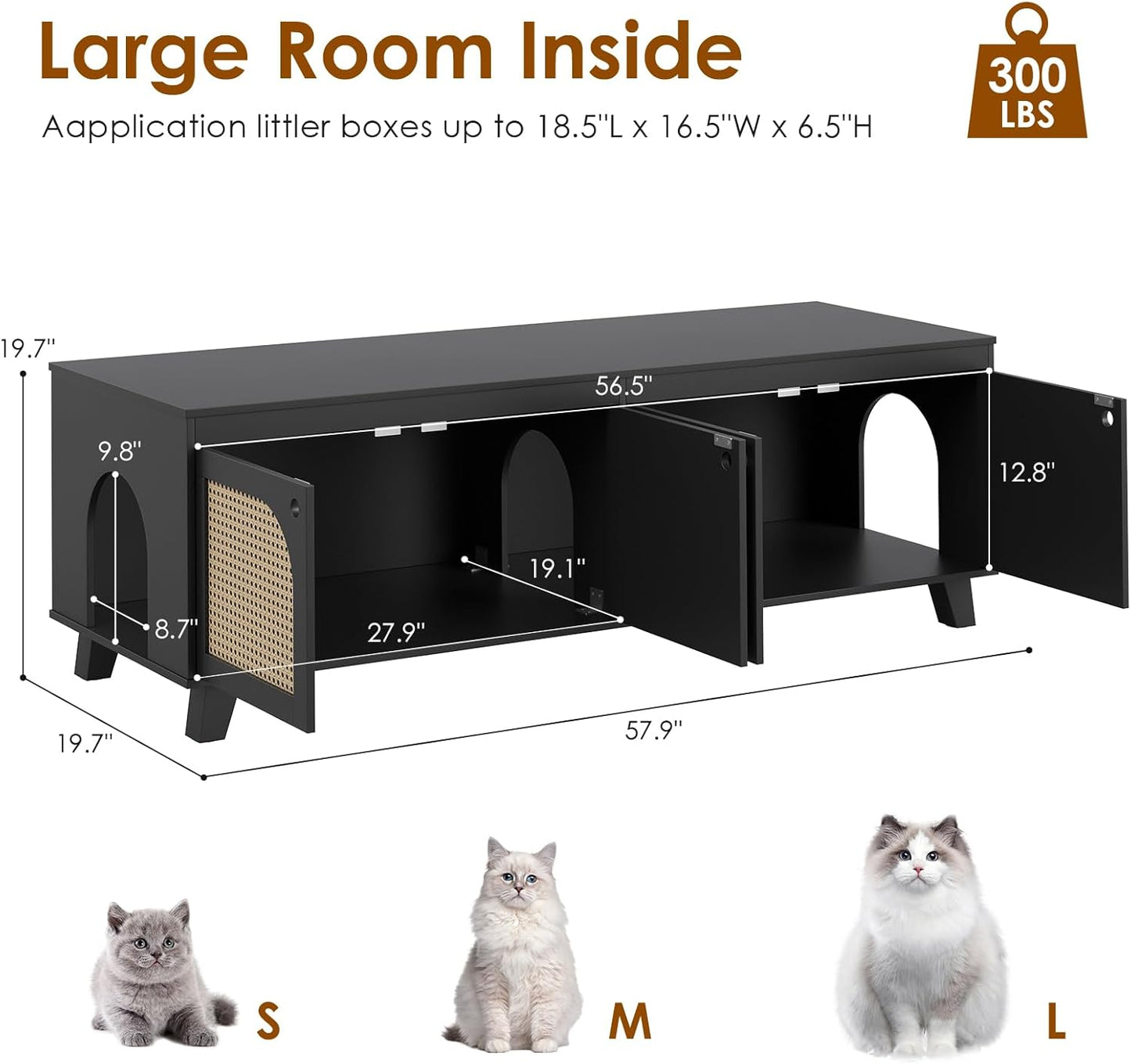 Double Hidden Cat Litter Box Enclosure Furniture Cabinet with Rattan Decorated Doors for Two Cats，Two Entrances