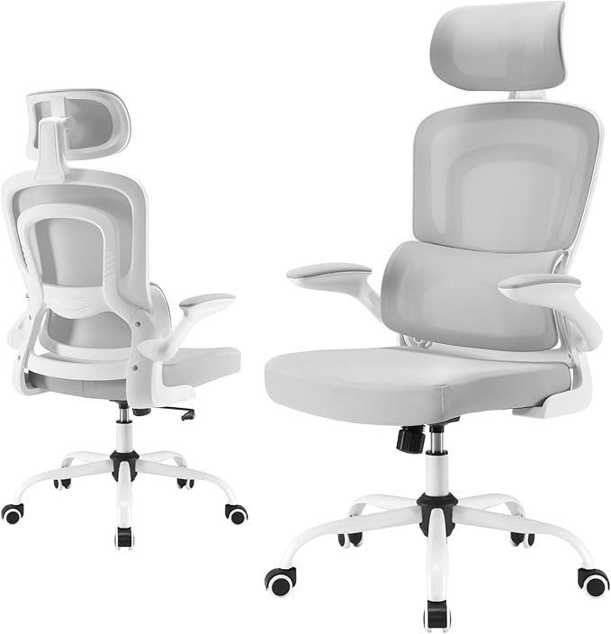Farini Ergonomischer Stuhl Büro Computer Stuhl mit Rollen Schreibtisch für Bequemer Home Office Höhenverstellbar Chefsessel Bürostuhl mit Kopfstütze, Grauweiß