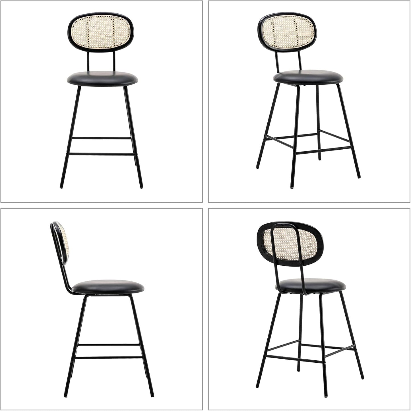 Farini Counter Stools Set of 4, Bar Stools, Indoor Metal Counter Height Barstools for Home, Faux Leather Counter Stool with Rattan Backrest