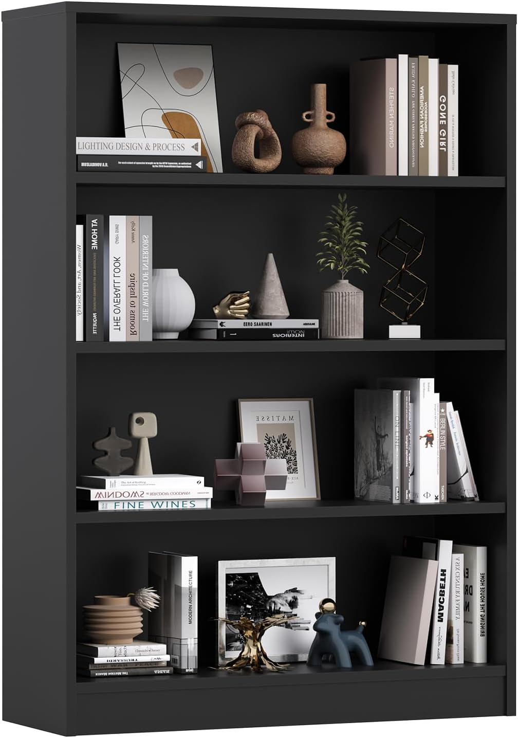 Farini 4 Tiers Bookcase, Wooden Bookcase with Adjustable Shelves for Home, Office