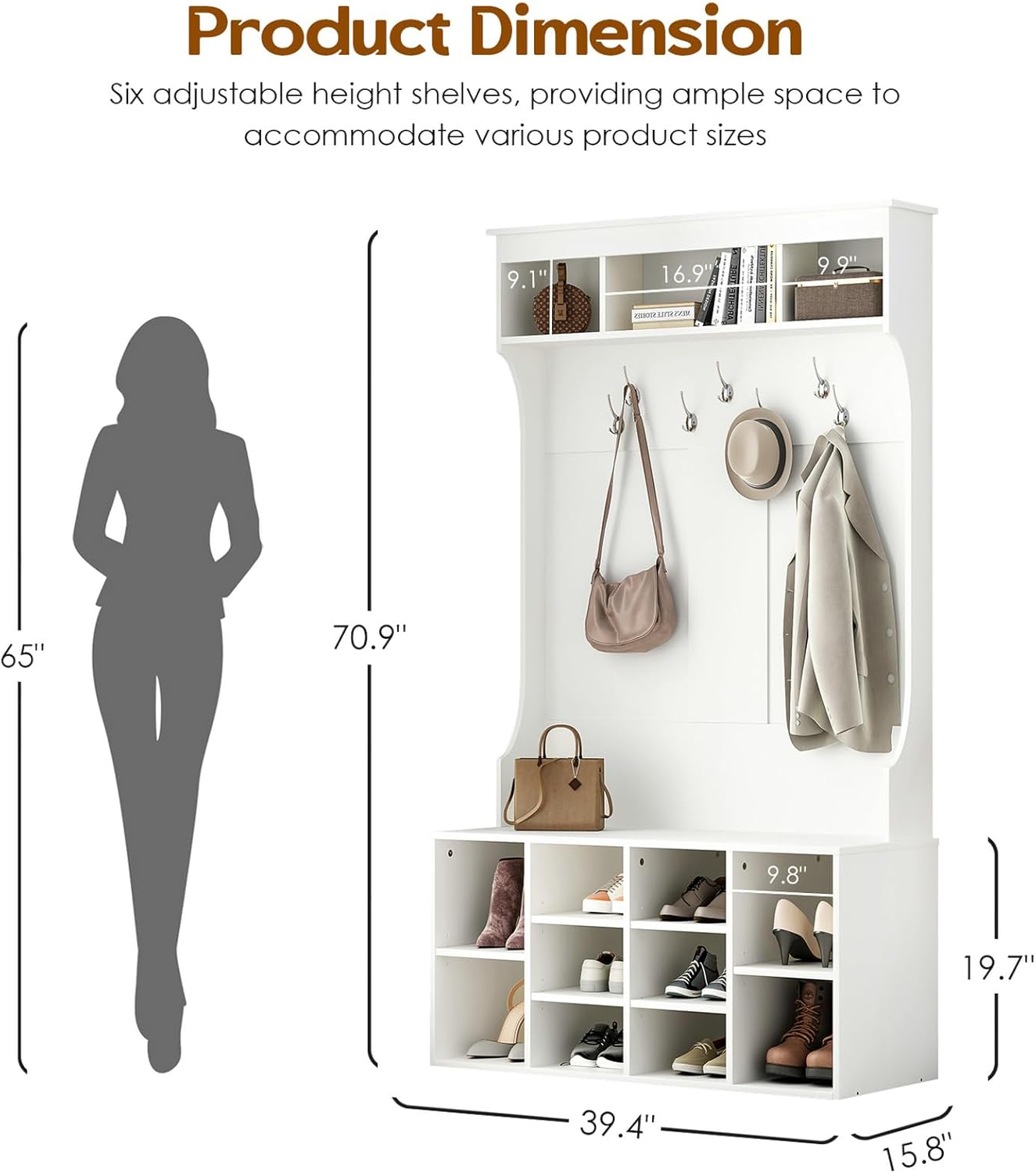 Farini 70.9 Inches Hall Tree with Bench and Shoe Storage for Mud Room,Freestanding Entryway Bench with 7 Coat Racks and Seating,Adjustable Mudroom Bench with Shoe Storage