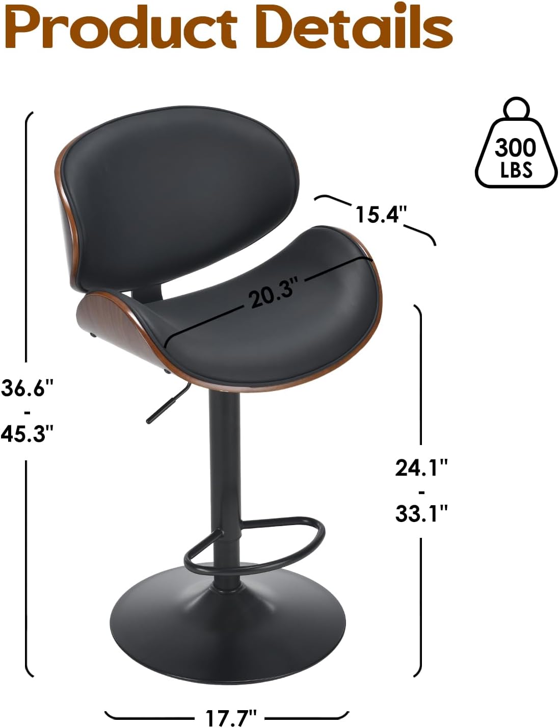 Farini Adjustable Bar Stools Set for 2, Ergonomic Modern Swivel Bar Stools with Back for Kitchen Island, PU Leather Bar Stool with Footrest Mid Century Barstools, Industrial Counter Height Bar Stools