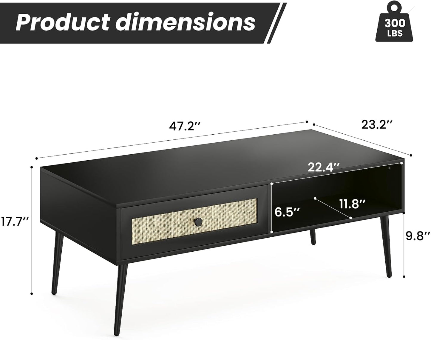 Farini 47" Modern Coffee Table, Rectangle Living Room Table with Drawer & Open Shelf for Living Room, Office