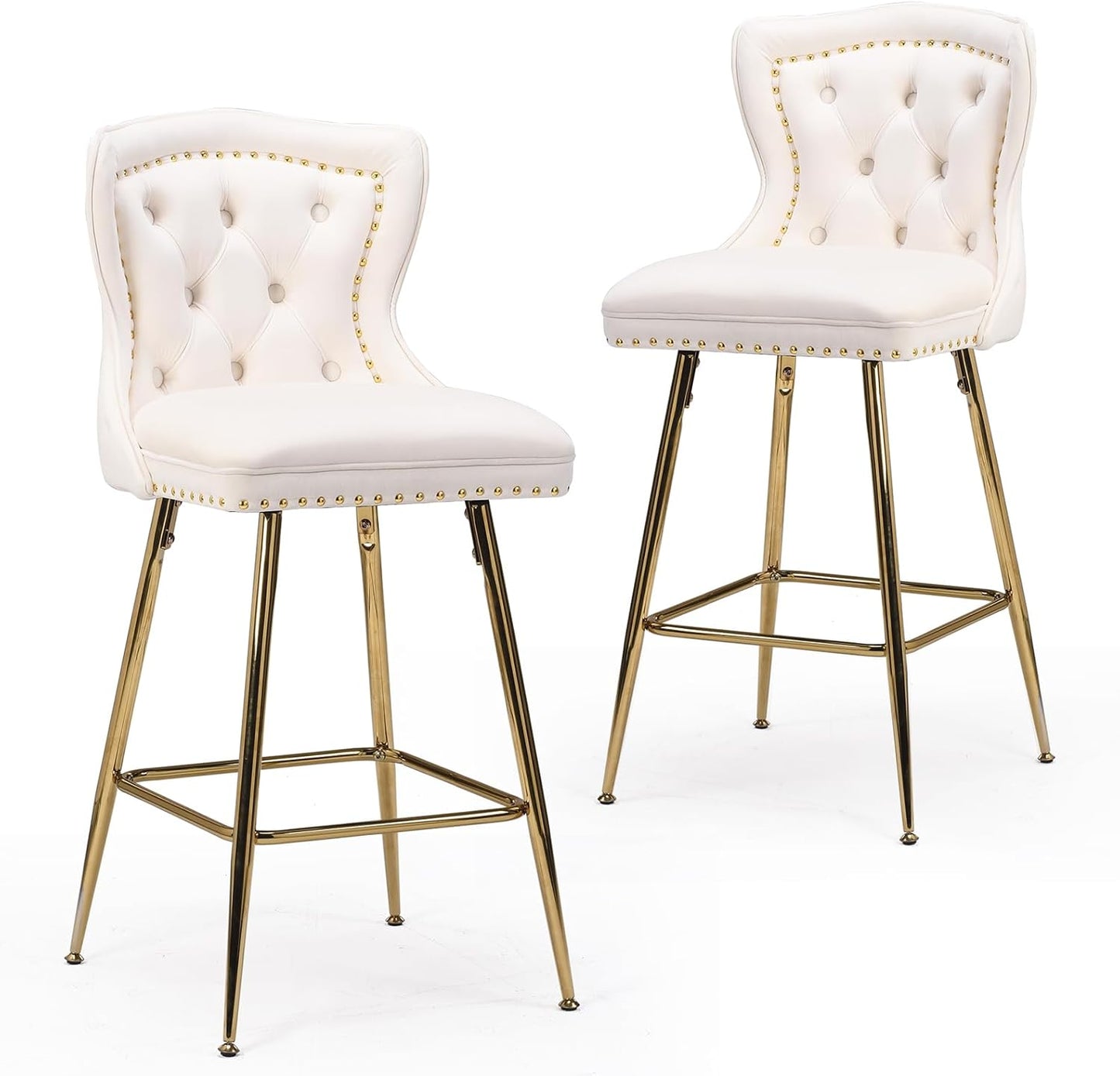 Farini Bar Stools Set of 2, Velvet Counter Height Bar Stools with Metal Legs, Button Tufted and Nailheads Trim, Wing-Back Bar Chairs for Kitchen Island Dining Room Pub