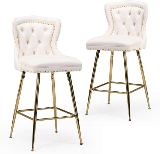Farini Bar Stools Set of 2, Velvet Counter Height Bar Stools with Metal Legs, Button Tufted and Nailheads Trim, Wing-Back Bar Chairs for Kitchen Island Dining Room Pub