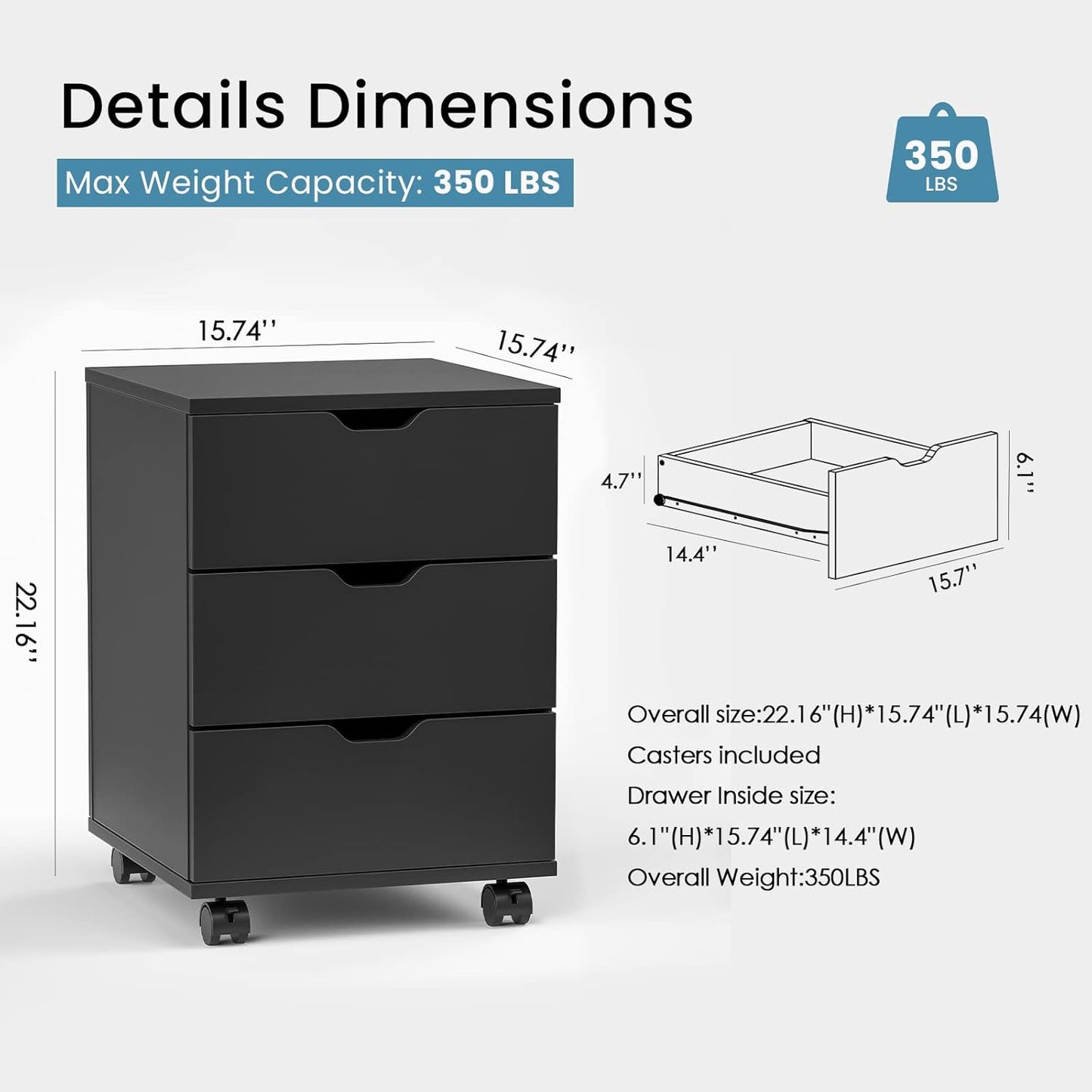 Farini 3-Drawer File Cabinet for Home Office, Mobile Wooden File Cabinet, for Under Desk Storage