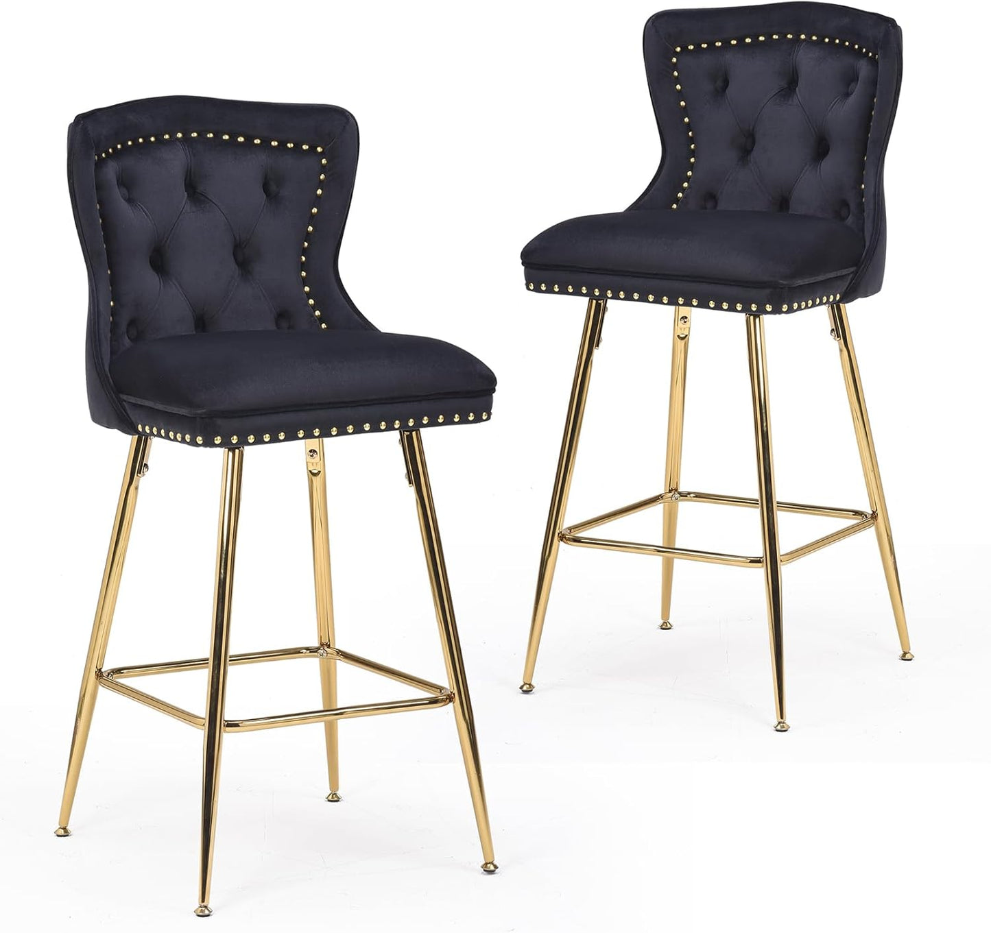 Farini Bar Stools Set of 2, Velvet Counter Height Bar Stools with Metal Legs, Button Tufted and Nailheads Trim, Wing-Back Bar Chairs for Kitchen Island Dining Room Pub