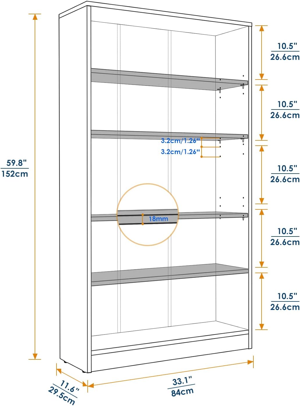 5-Shelf Wood Bookcase Freestanding Display Bookshelf for Home Office School (11.6" Depth*33" Width*59.8" Height)