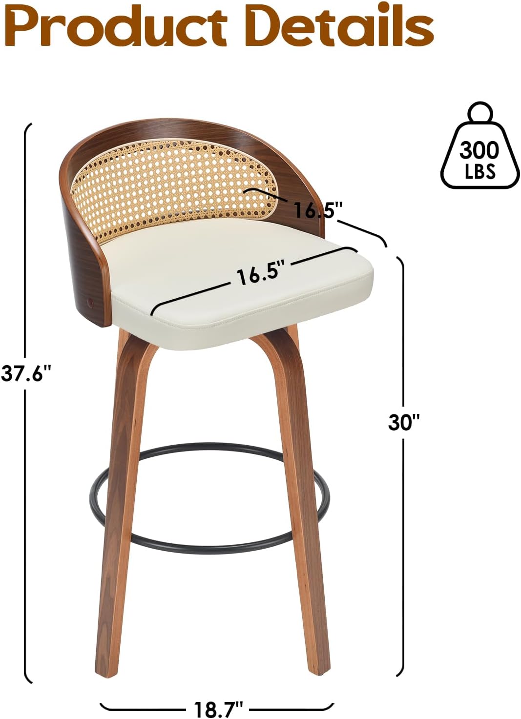 Farini Swivel Bar Stools Set of 2, Modern Wood Frame with Rattan Back, PU Leather Stool for Kitchen Counter, Mid Century Upholstered Barstools with Footrest,Industrial Counter Height Stools