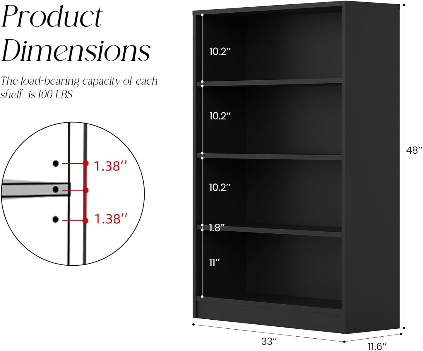 Farini 4 Tiers Bookcase, Wooden Bookcase with Adjustable Shelves for Home, Office