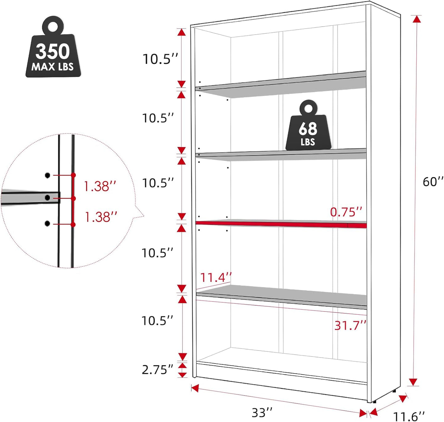 Farini 5 Shelf Bookcase 60 inch Tall Wood Bookshelf for Bedroom