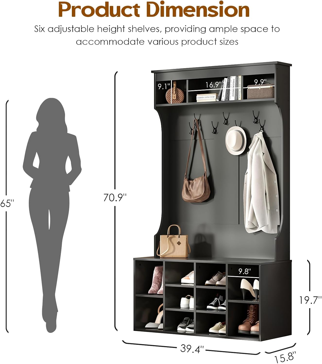 Farini 70.9 Inches Hall Tree With Bench and Shoe Storage for Mud Room, Freestanding Entryway With 7 Coat Racks and Seating, Adjustable Mudroom Storage, Black