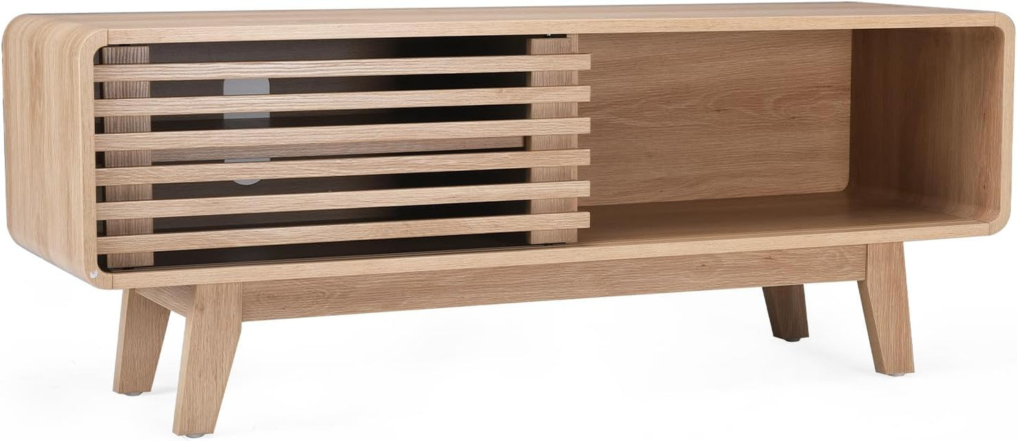 Farini TV Stand for TV Up to 59 Inch, Entertainment Center with Storage Cabinet and Sliding Door, Mid-Modern Century Console Table for Living Room, Bedroom, Nature, 46 Inch