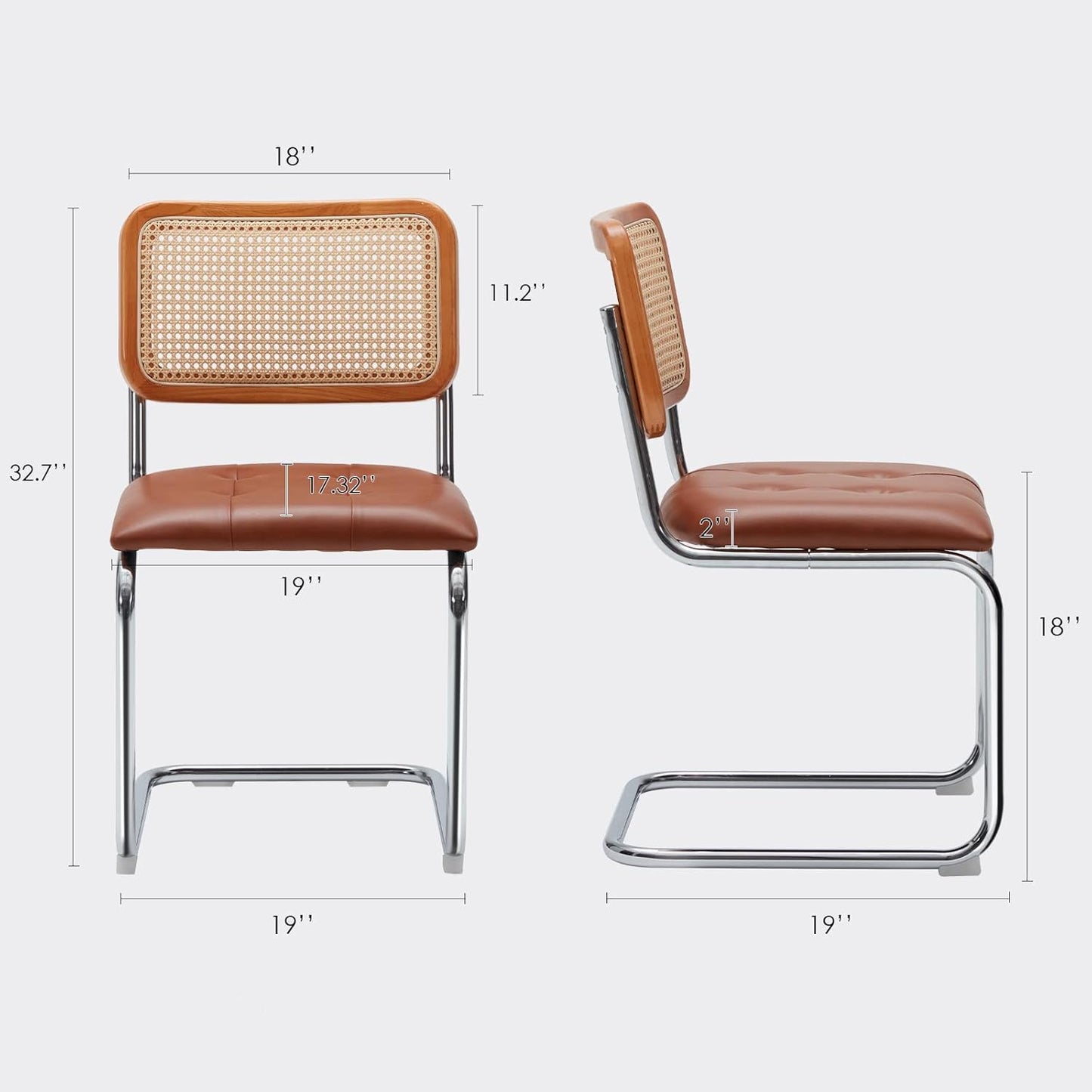 Farini Kitchen Dining Chairs Set of 2,Mid-Century Modern Chair Armless Mesh Backrest Cane Rattan Chairs for Home Dining Room(Brown,PU Leather)