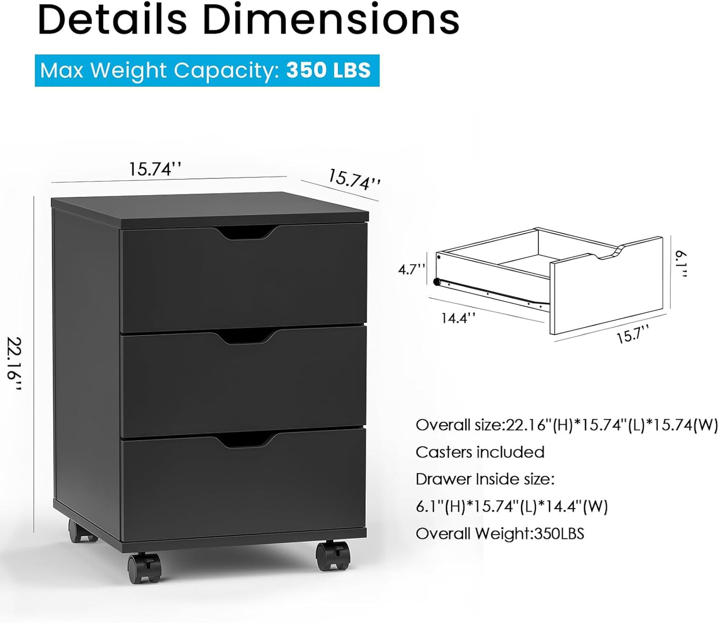 Farini Mobile File Cabinet for Home Office, 3-Drawer Wooden File Cabinet, Perfect for Under Desk Storage