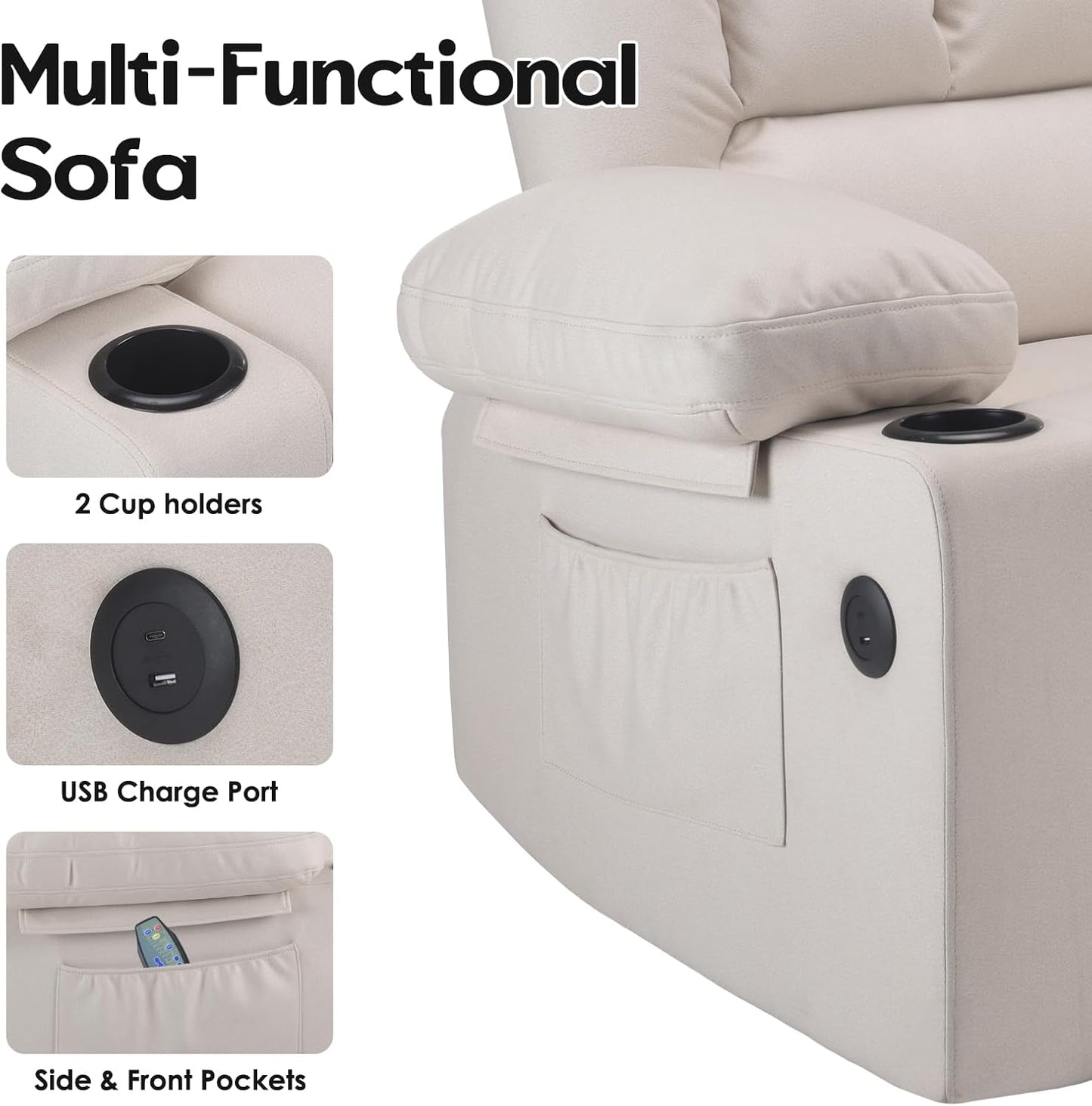 Farini Oversized Power Lift Recliner Chair with Massage and Heat for Elderly Big and Tall, Large Fabric Recliner Wide Electric Recliner Chair with USB Ports, Cup Holders, Side Pockets