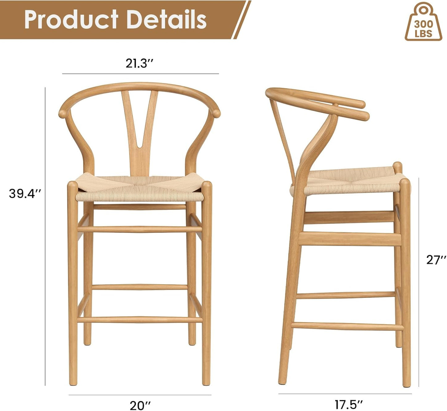 Farini Fully Assembled Wishbone Barstool Set of 2,Weave Counter Height Bar Stool for Kitchen Island,Nature
