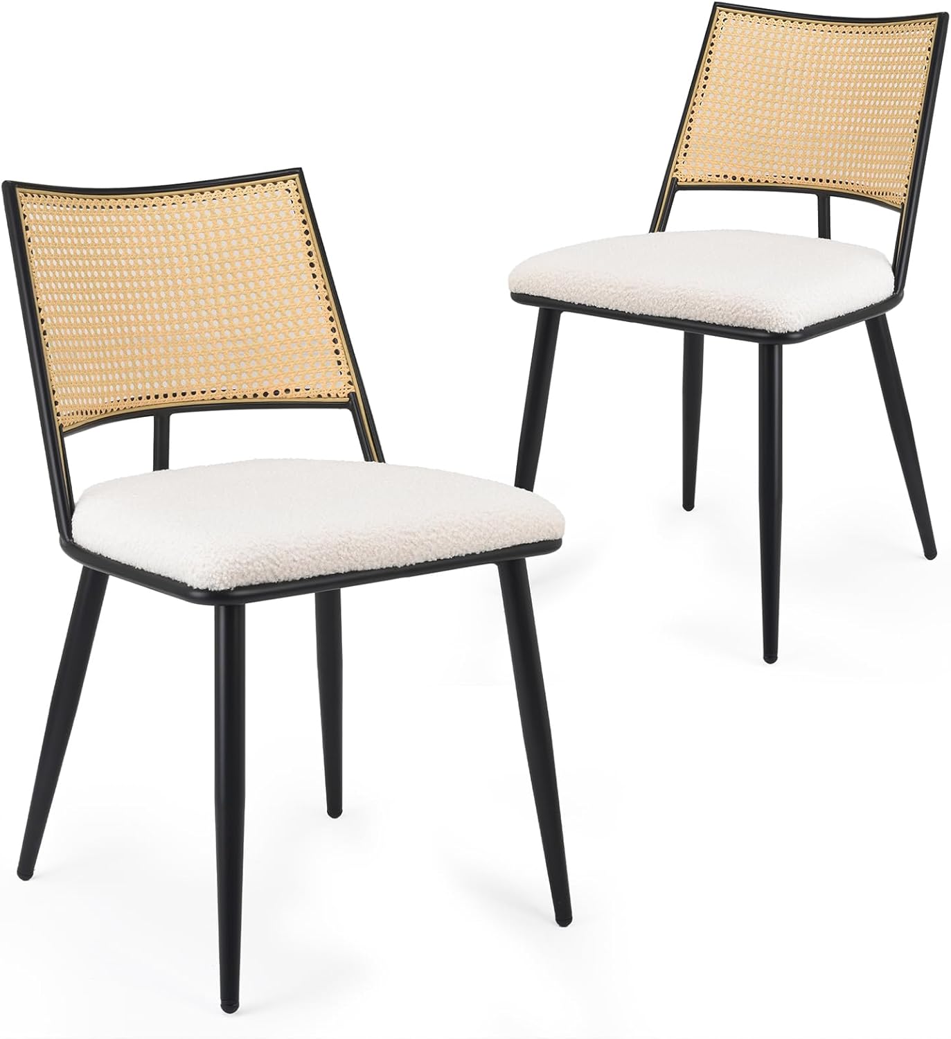 Farini Dining Chairs Set of 2 or 4, Mid-Century Modern Kitchen Chairs with Rattan Backrest & Metal Frame, Boucle Upholstered Accent Chairs for Dining Room, Kitchen, Living Room