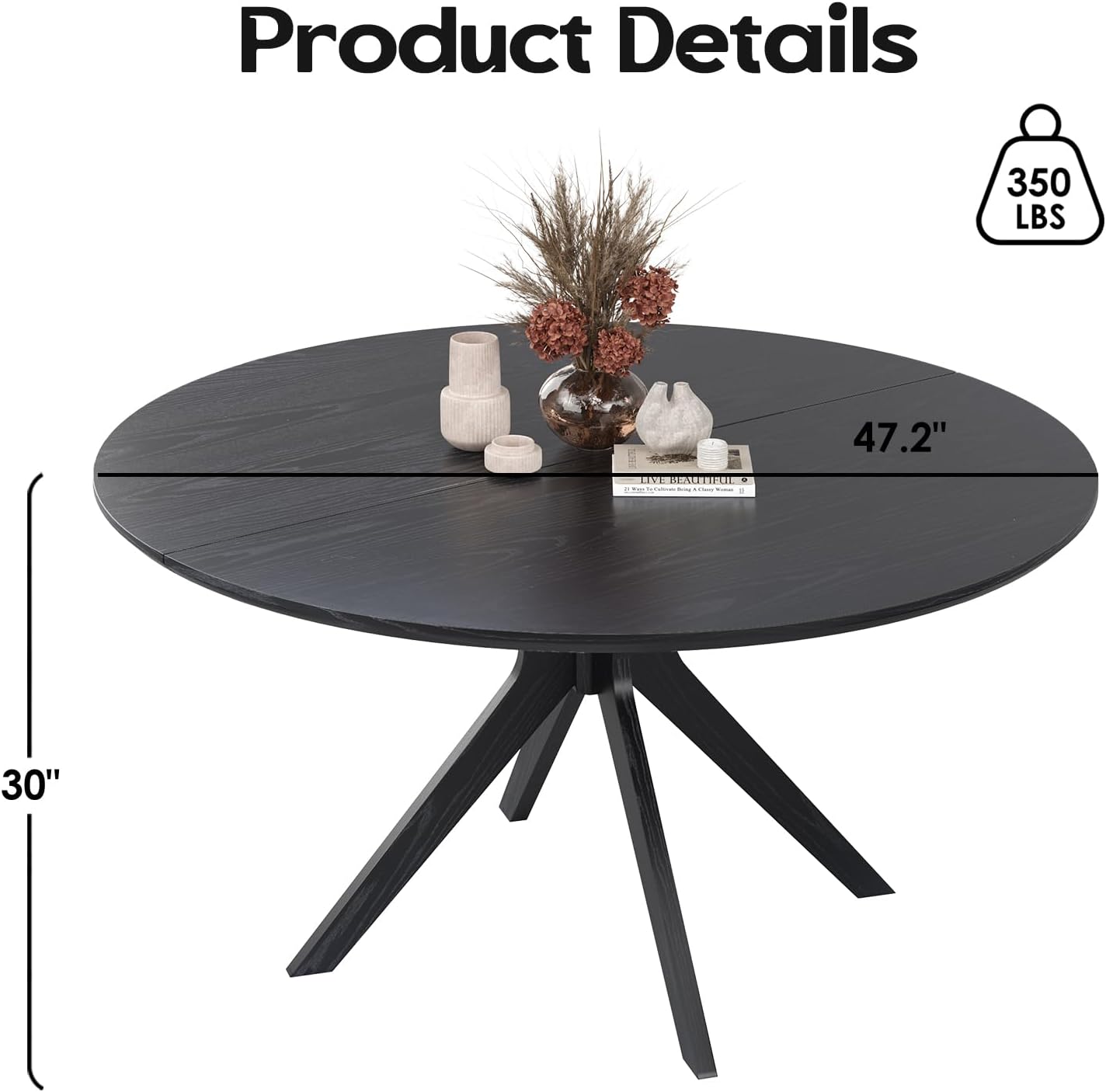 Farini 47.2" Solid Wood Round Dining Kitchen Table for 4-6 People with Intersecting Pedestal Base