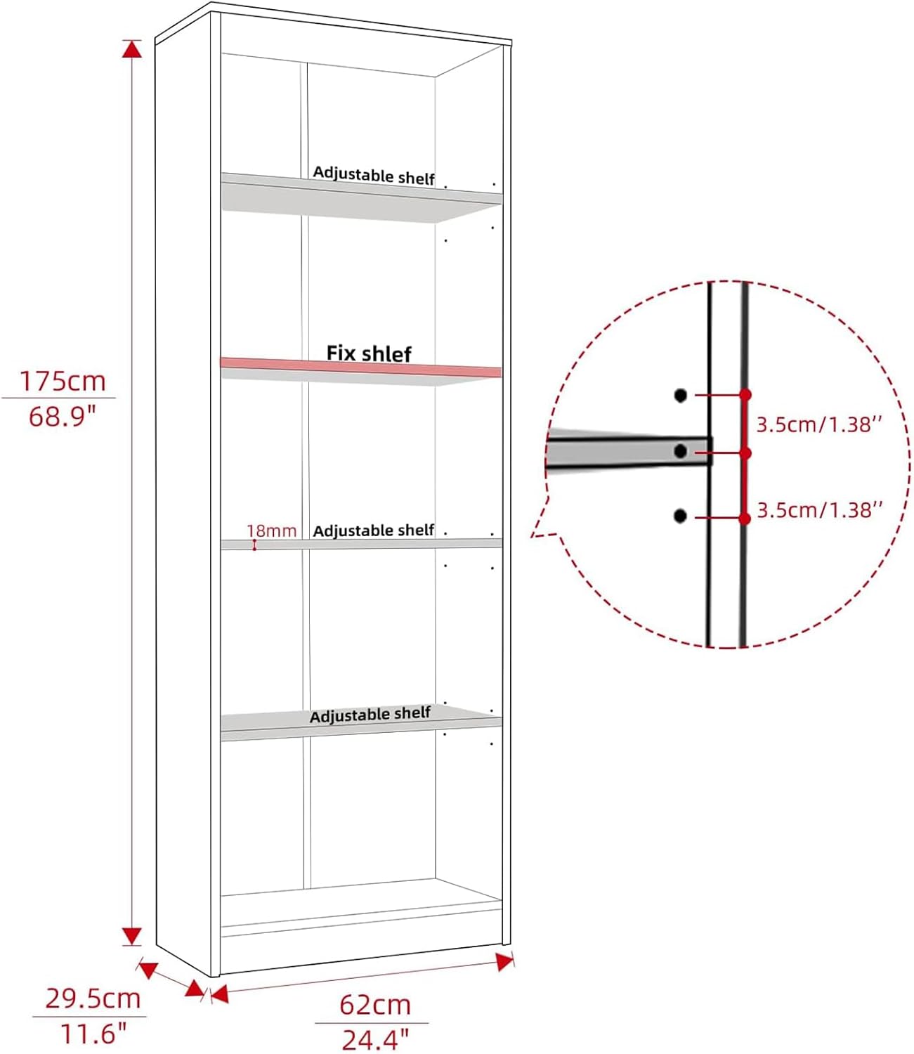 Farini Bookcase Freestanding 5 Shelf Wood Bookshelf Adjustable Shelves for Home Office,5 Layer