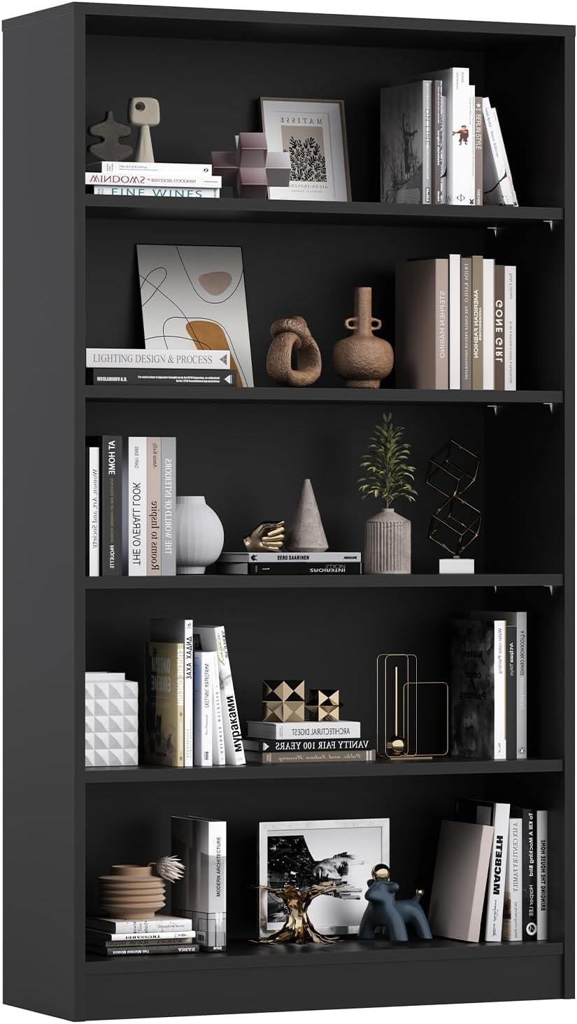 Farini 5 Tiers Bookcase, Wooden Bookcase with Adjustable Shelves for Home, Office