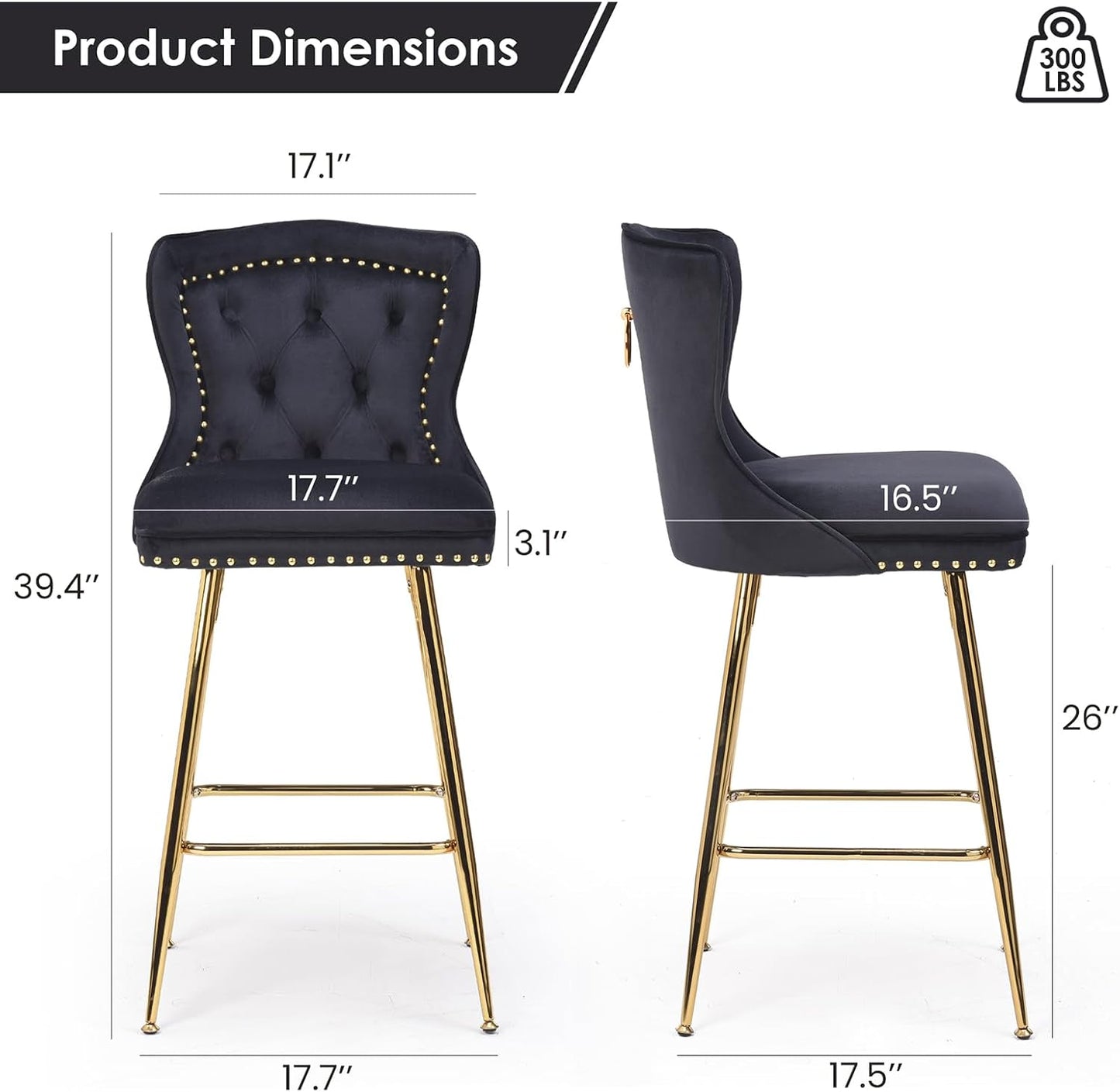 Farini Bar Stools Set of 4, Velvet Counter Height Bar Stools with Metal Legs, Button Tufted and Nailheads Trim, Wing-Back Bar Chairs for Kitchen Island Dining Room Pub