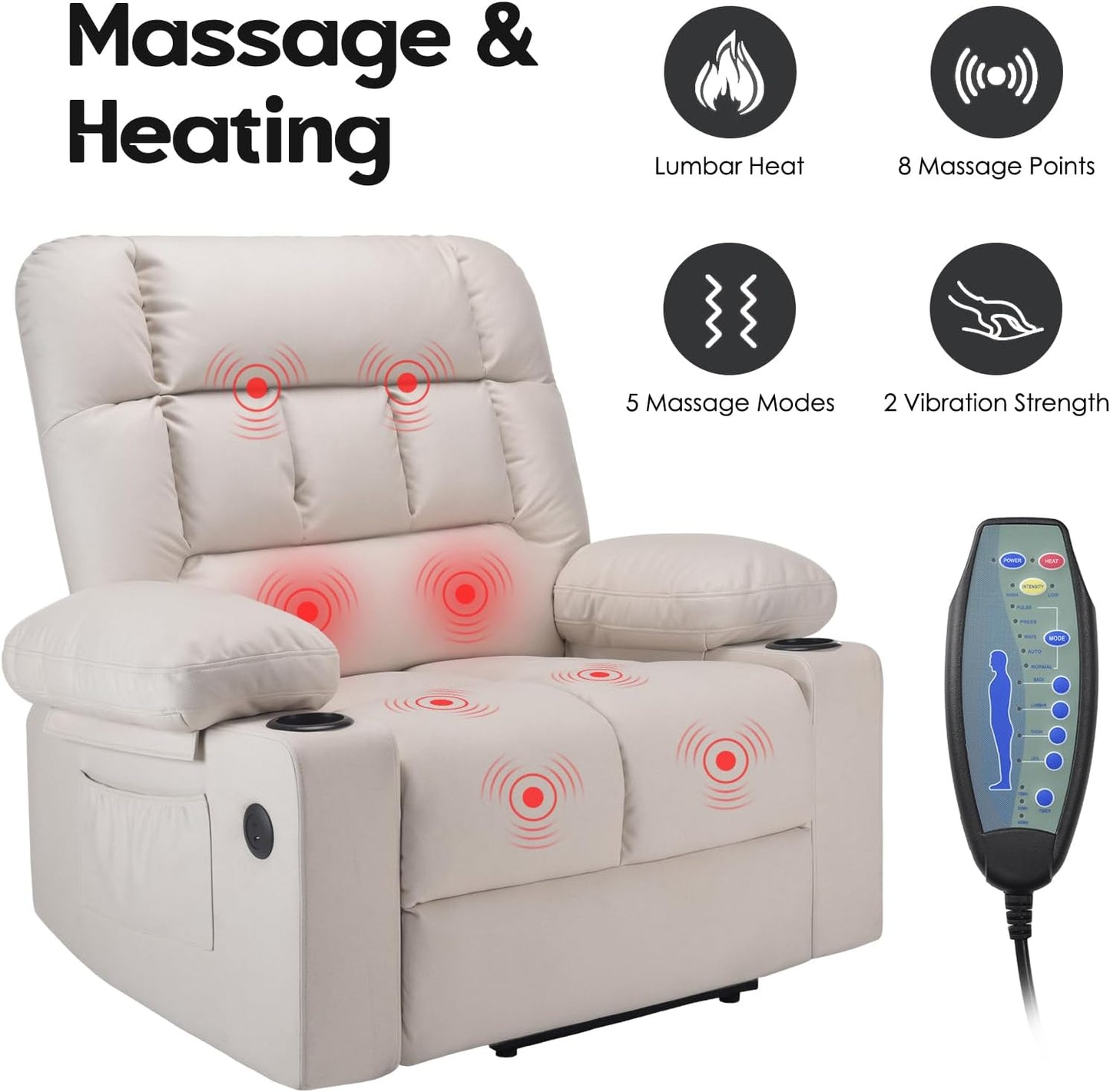 Farini Oversized Power Lift Recliner Chair with Massage and Heat for Elderly Big and Tall, Large Fabric Recliner Wide Electric Recliner Chair with USB Ports, Cup Holders, Side Pockets