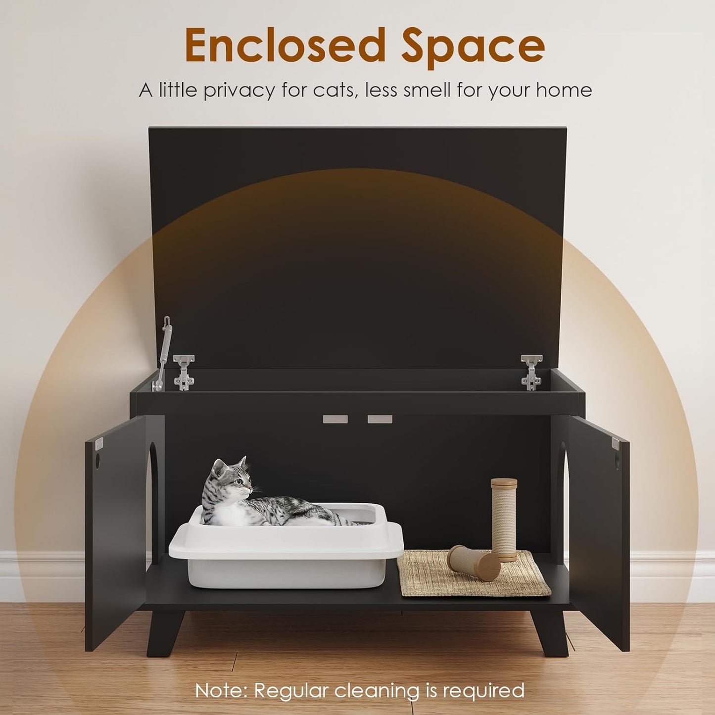 Flip Top Hidden Cat Litter Box Enclosure Furniture Cabinet with Rattan Decorated Doors for Your Home，Two Entrances