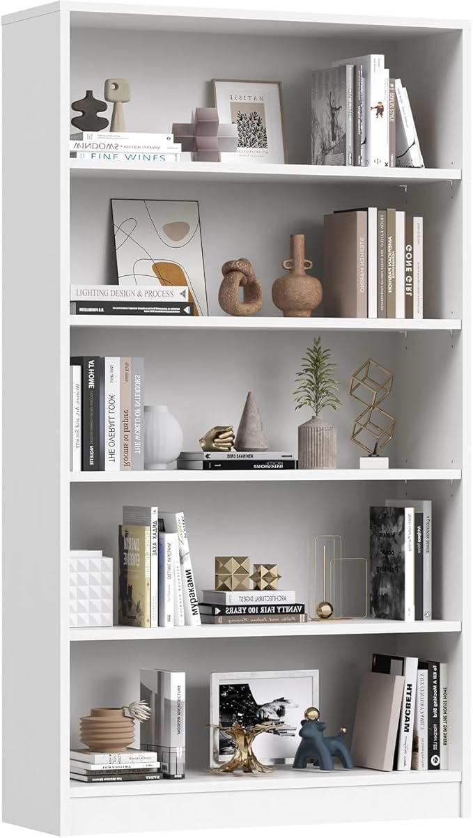 Farini 5 Tiers Bookcase, Wooden Bookcase with Adjustable Shelves for Home, Office