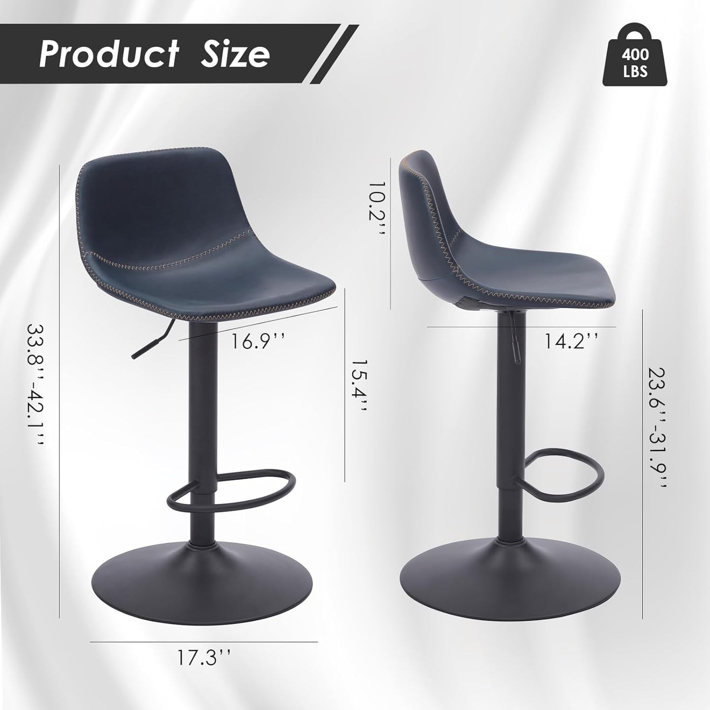 Farini Adjustable Bar Stools Set of 2, Modern Swivel Bar Stools, Bar Height Stools with Back Support, Pu Leather Bar Stool for Kitchen Island Counter