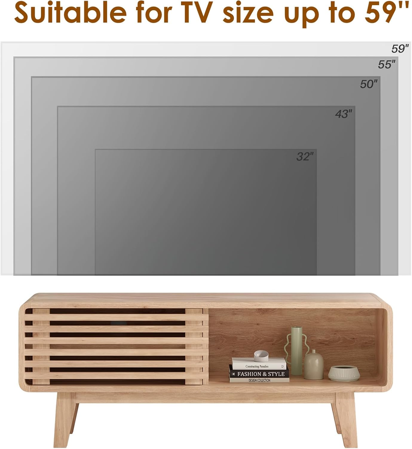 Farini TV Stand for TV Up to 59 Inch, Entertainment Center with Storage Cabinet and Sliding Door, Mid-Modern Century Console Table for Living Room, Bedroom, Nature, 46 Inch