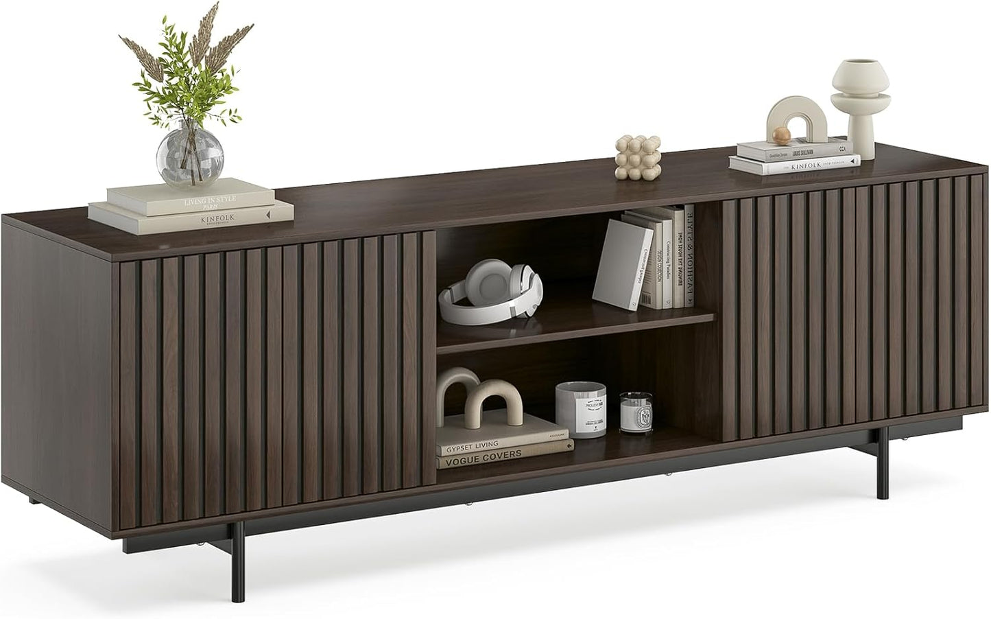 Farini Mid Century Modern TV Stand for TVs Up to 75", Farmhouse Fluted TV Stand, Retro Wood TV Stand with Storage and Shelf, Entertainment Center with Pop-Up Doors for Living Room, Bedroom, Walnut