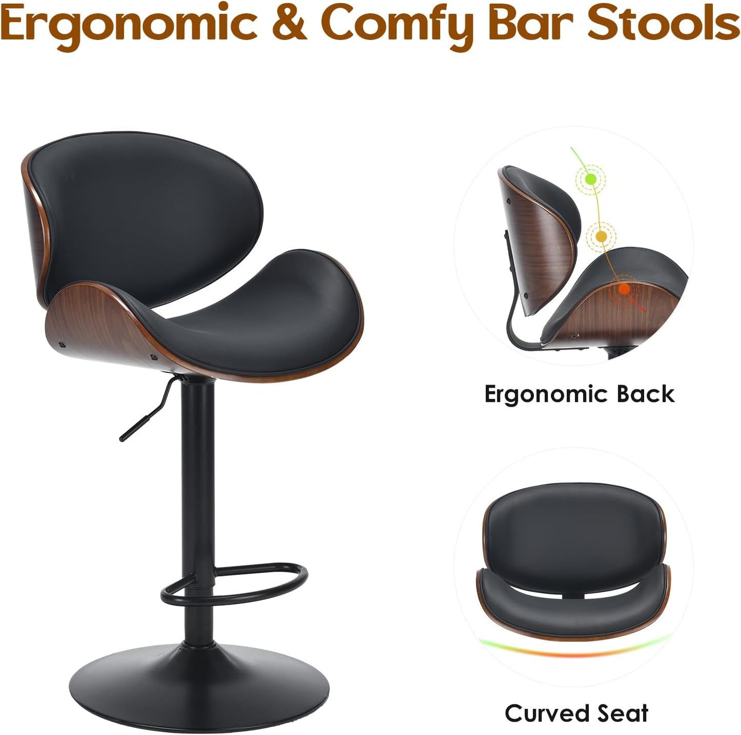 Farini Adjustable Bar Stools Set for 2, Ergonomic Modern Swivel Bar Stools with Back for Kitchen Island, PU Leather Bar Stool with Footrest Mid Century Barstools, Industrial Counter Height Bar Stools