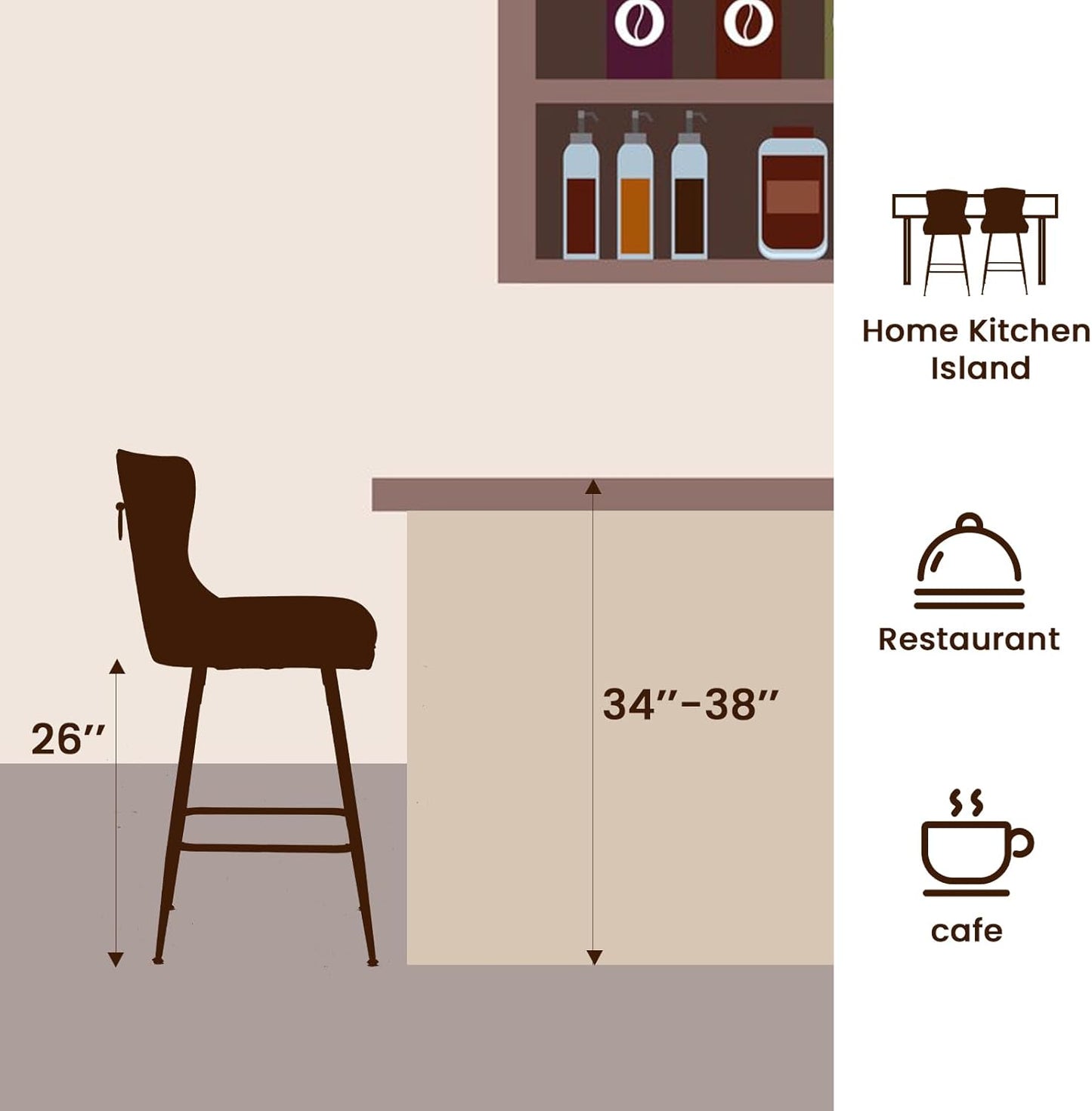 Farini Bar Stools Set of 4, Velvet Counter Height Bar Stools with Metal Legs, Button Tufted and Nailheads Trim, Wing-Back Bar Chairs for Kitchen Island Dining Room Pub