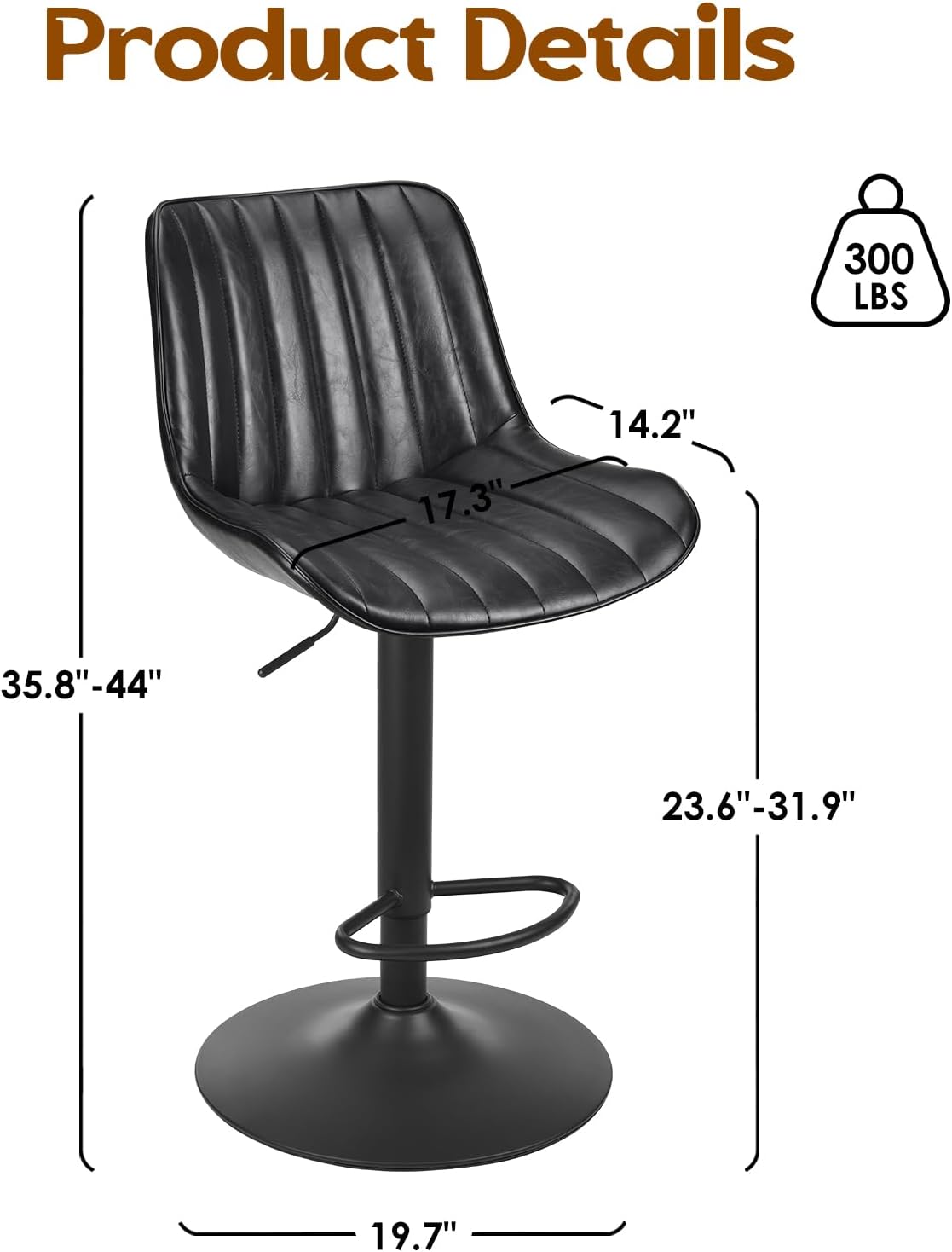 Farini Bar Stools Set of 2, Swivel Adjustable Barstools, Bar Height Stools with Back Support, PU Leather Counter Height Bar Chairs for Kitchen Island Rustic Barstool
