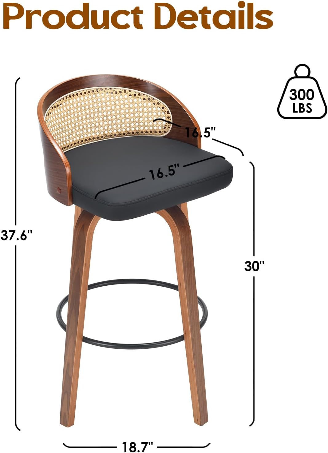 Farini Swivel Bar Stools Set of 2, Modern Wood Frame with Rattan Back, PU Leather Stool for Kitchen Counter, Mid Century Upholstered Barstools with Footrest,Industrial Counter Height Stools
