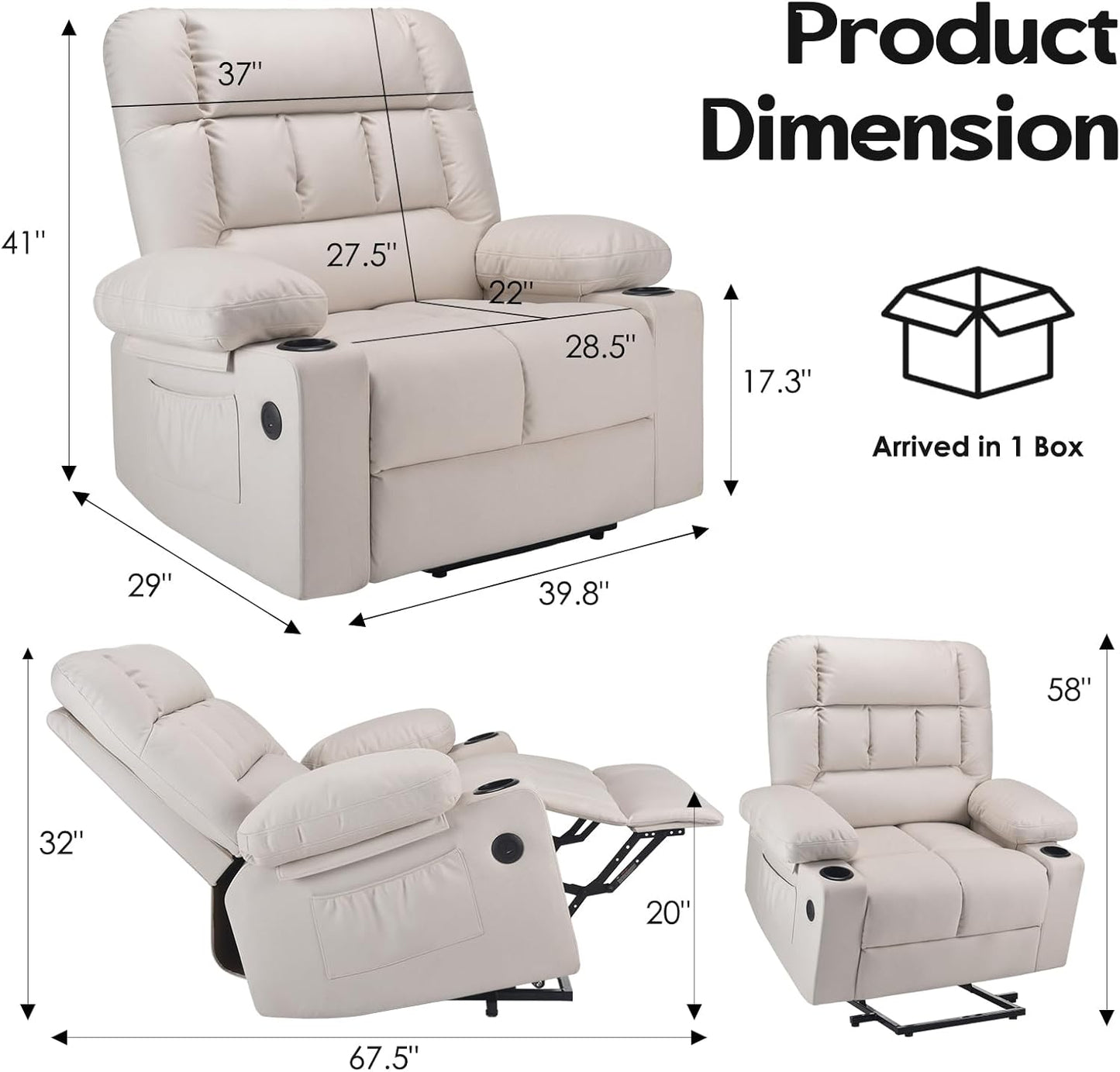 Farini Oversized Power Lift Recliner Chair with Massage and Heat for Elderly Big and Tall, Large Fabric Recliner Wide Electric Recliner Chair with USB Ports, Cup Holders, Side Pockets