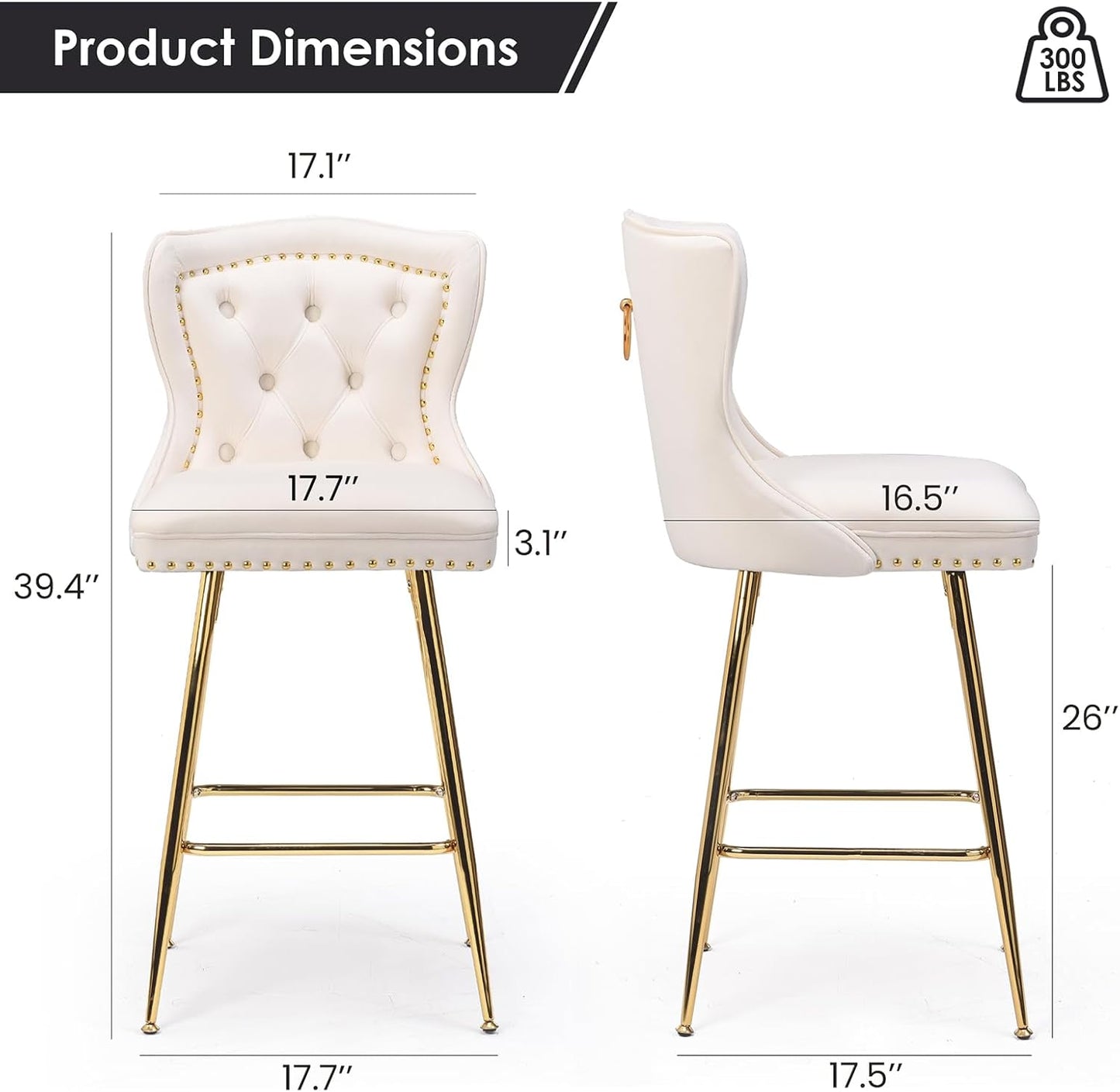 Farini Bar Stools Set of 2, Velvet Counter Height Bar Stools with Metal Legs, Button Tufted and Nailheads Trim, Wing-Back Bar Chairs for Kitchen Island Dining Room Pub