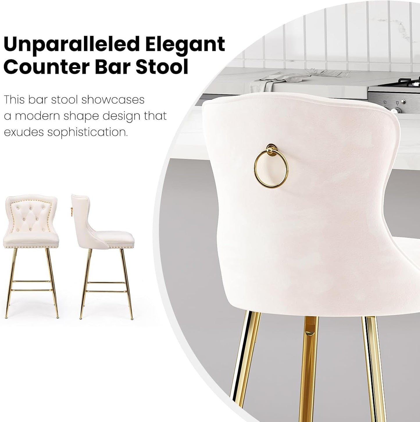Farini Bar Stools Set of 2, Velvet Counter Height Bar Stools with Metal Legs, Button Tufted and Nailheads Trim, Wing-Back Bar Chairs for Kitchen Island Dining Room Pub