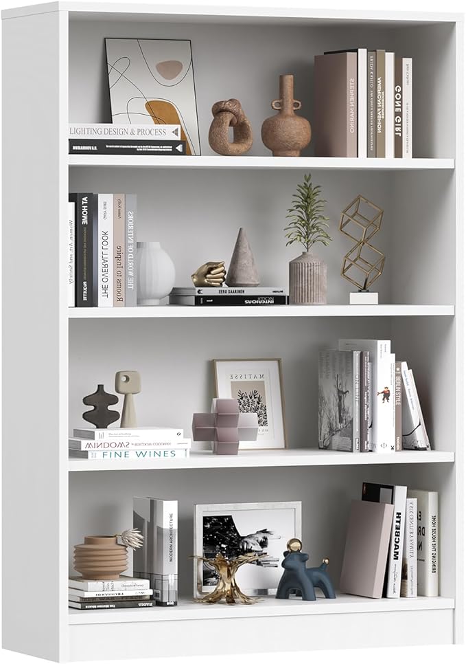 Farini 4 Tiers Bookcase, Wooden Bookcase with Adjustable Shelves for Home, Office