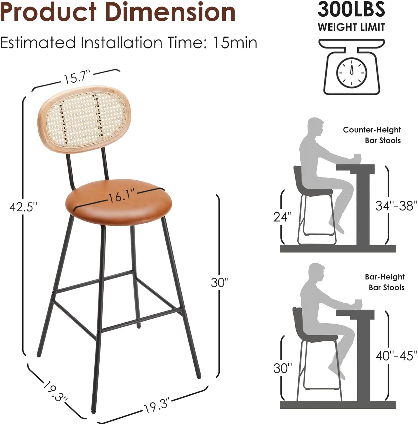 Farini Counter Stools Set of 4, Bar Stools, Indoor Metal Counter Height Barstools for Home, Faux Leather Counter Stool with Rattan Backrest