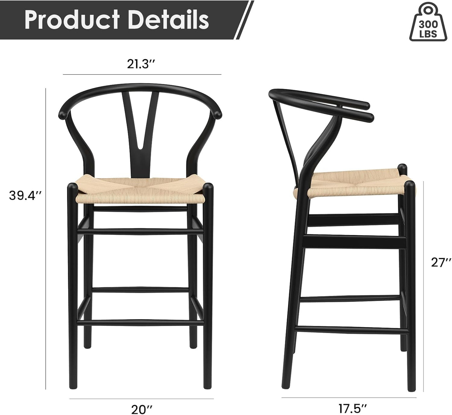 Farini Wishbone Barstool,Weave Counter Height Bar Stools, Fully Assembled Rattan Bar Chairs for Kitchen Island,1pc