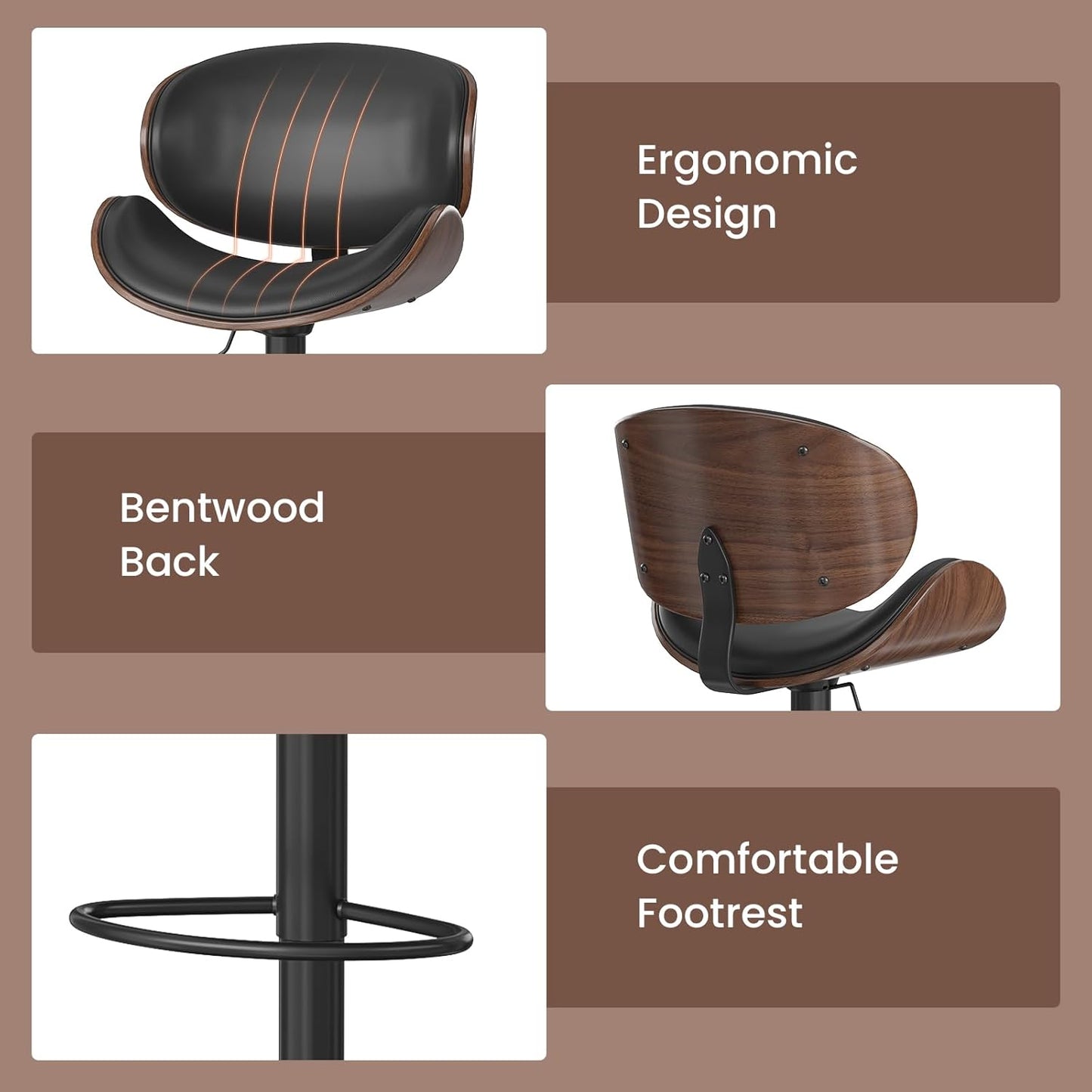 Farini Swivel Bar Stools Set of 4 Adjustable Height Bentwood Barstools with PU Leather Upholstered Seat, Backrest and Footrest,Modern Kitchen Counter Chairs for Bar, Dining Room,Black