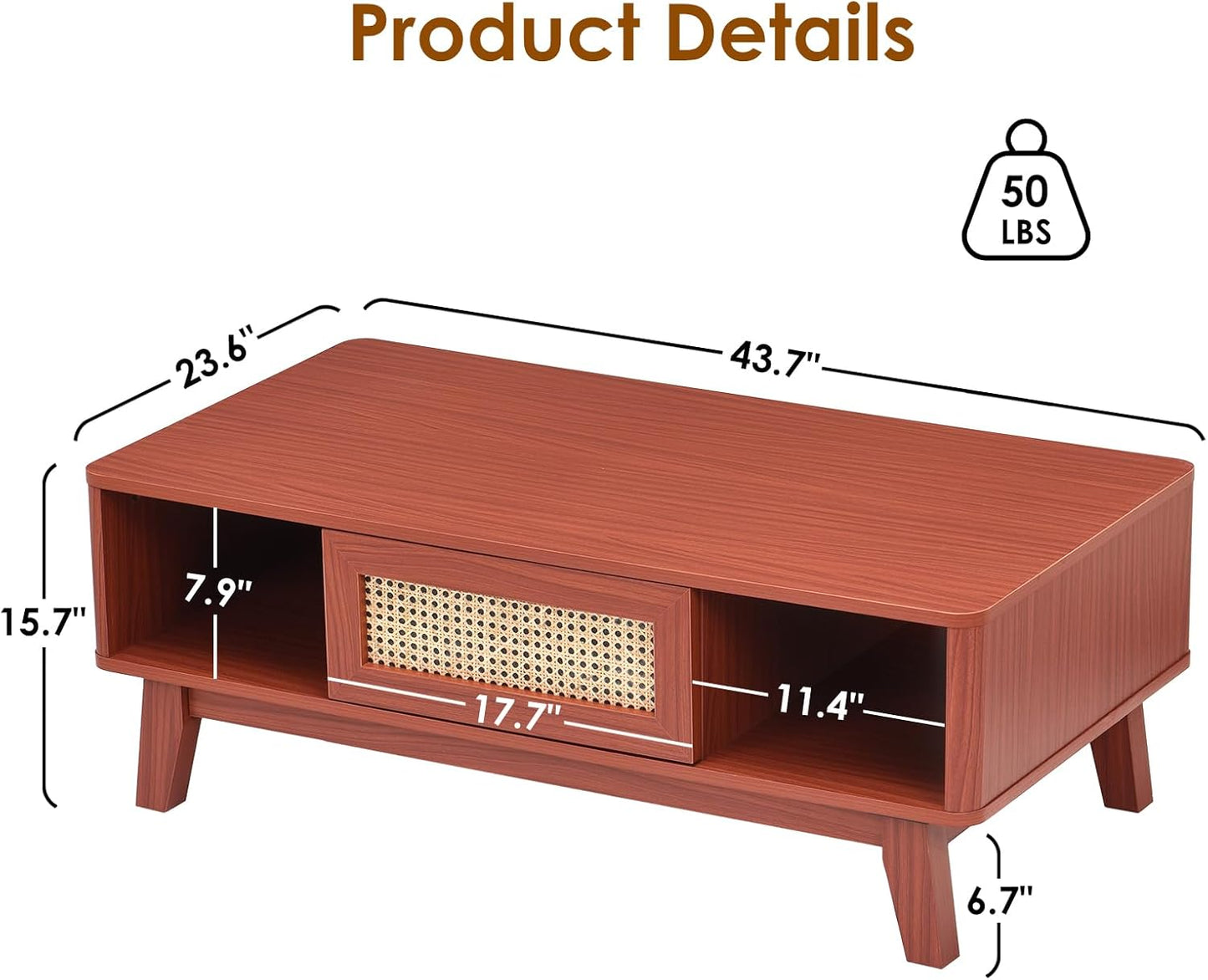 Farini Mid Century Storage, Modern Square Rattan Drawer Wooden, Farmhouse Coffee Table for Living Room