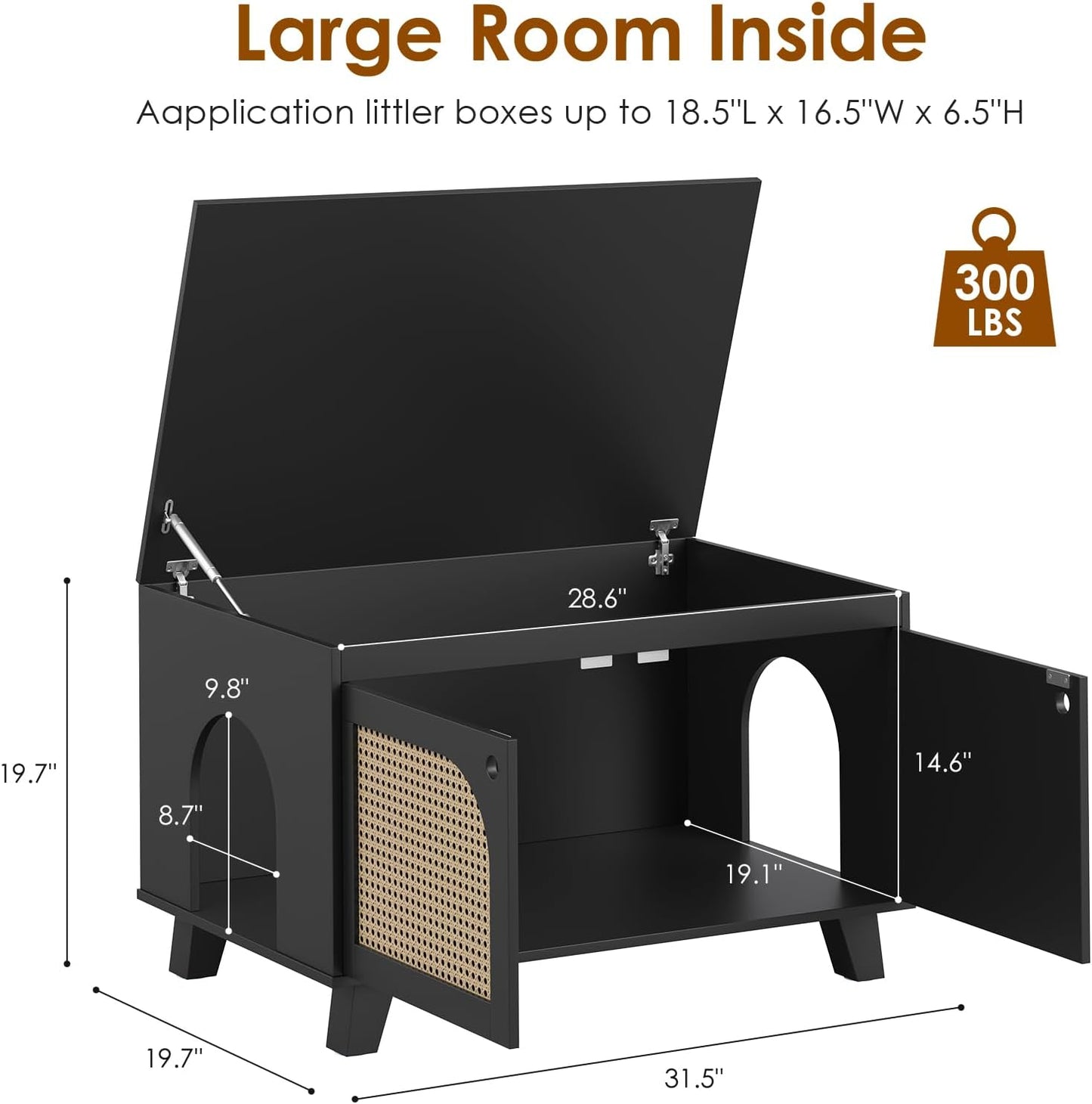 Flip Top Hidden Cat Litter Box Enclosure Furniture Cabinet with Rattan Decorated Doors for Your Home，Two Entrances